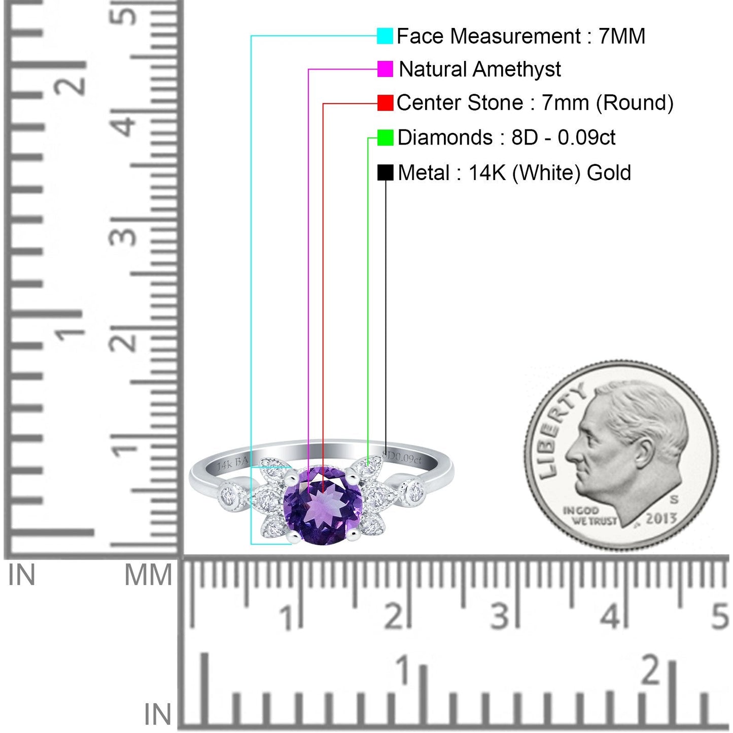 14K White Gold 1.37ct Round 7mm G SI Natural Amethyst Diamond Engagement Wedding Ring Size 6.5