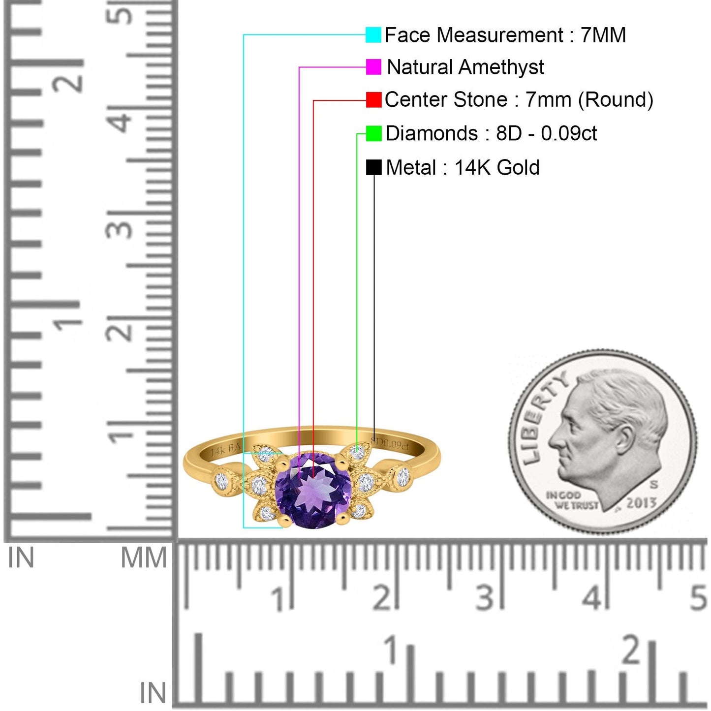 14K Yellow Gold 1.37ct Round 7mm G SI Natural Amethyst Diamond Engagement Wedding Ring Size 6.5