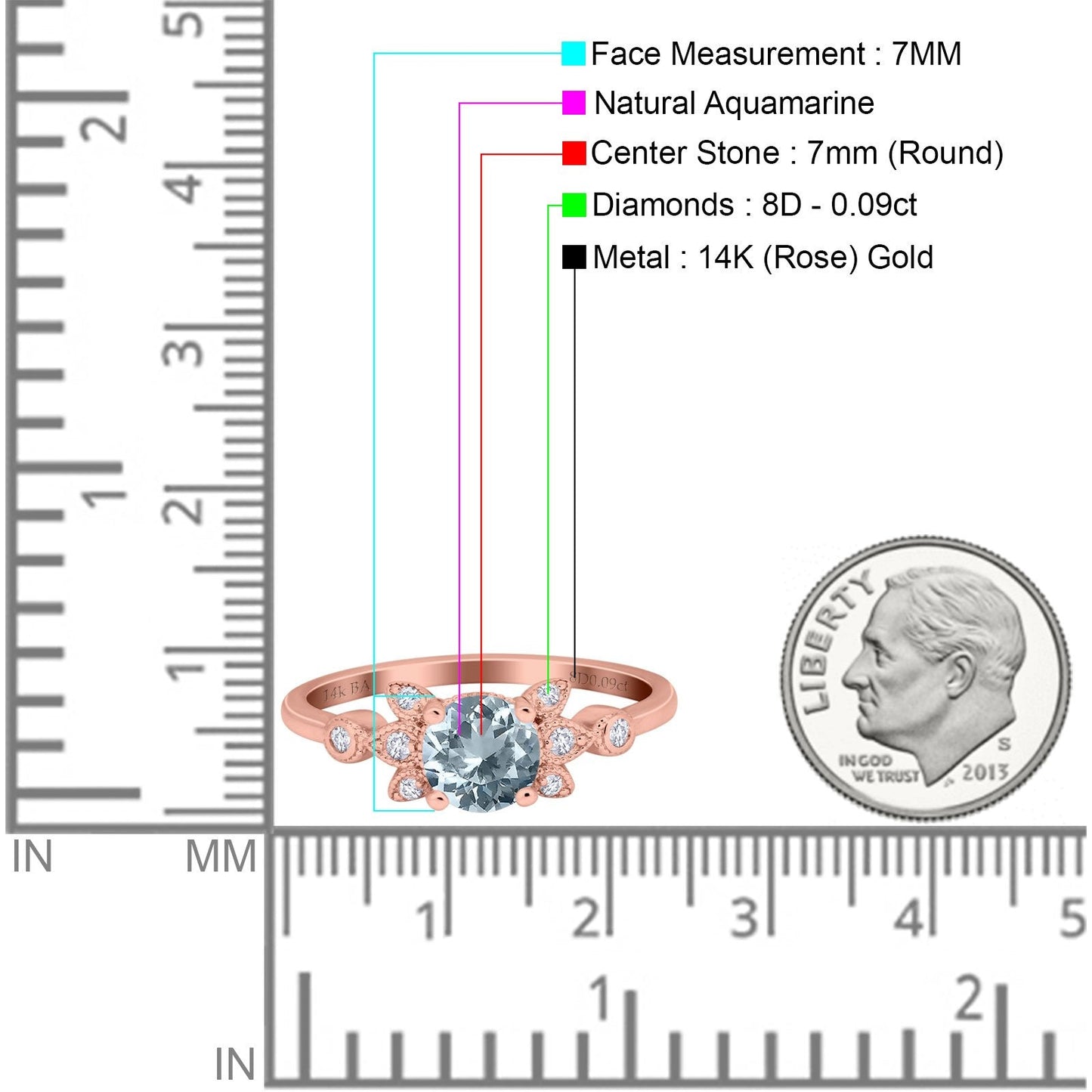 14K Rose Gold 1.37ct Round 7mm G SI Natural Aquamarine Diamond Engagement Wedding Ring Size 6.5