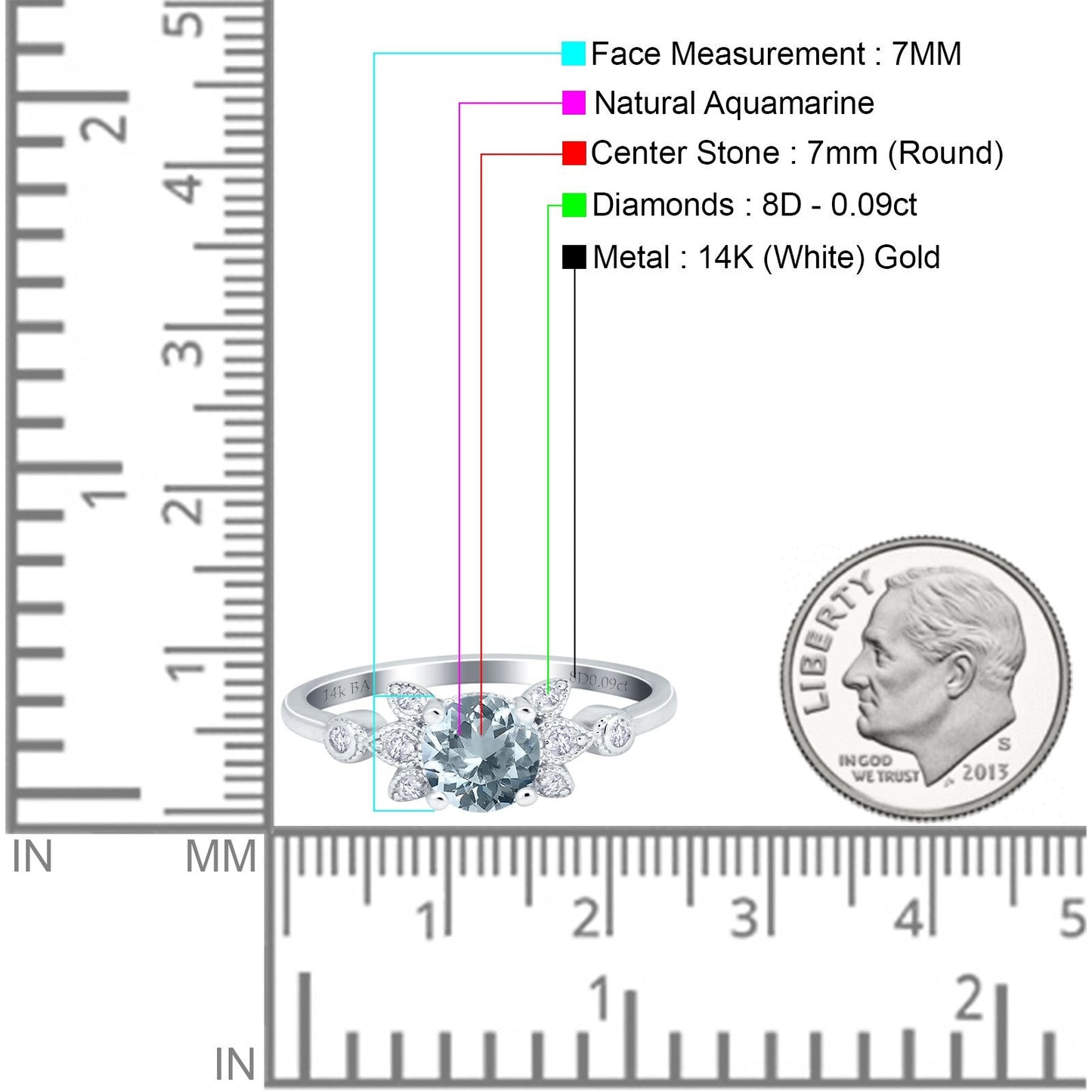 14K White Gold 1.37ct Round 7mm G SI Natural Aquamarine Diamond Engagement Wedding Ring Size 6.5