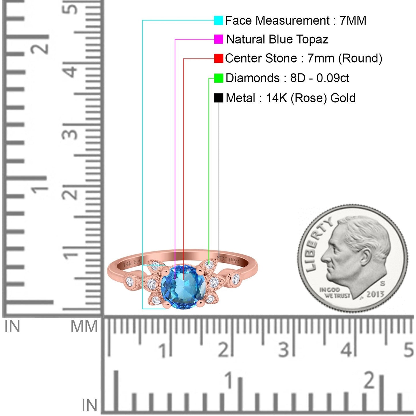 14K Rose Gold 1.37ct Round 7mm G SI Natural Blue Topaz Diamond Engagement Wedding Ring Size 6.5