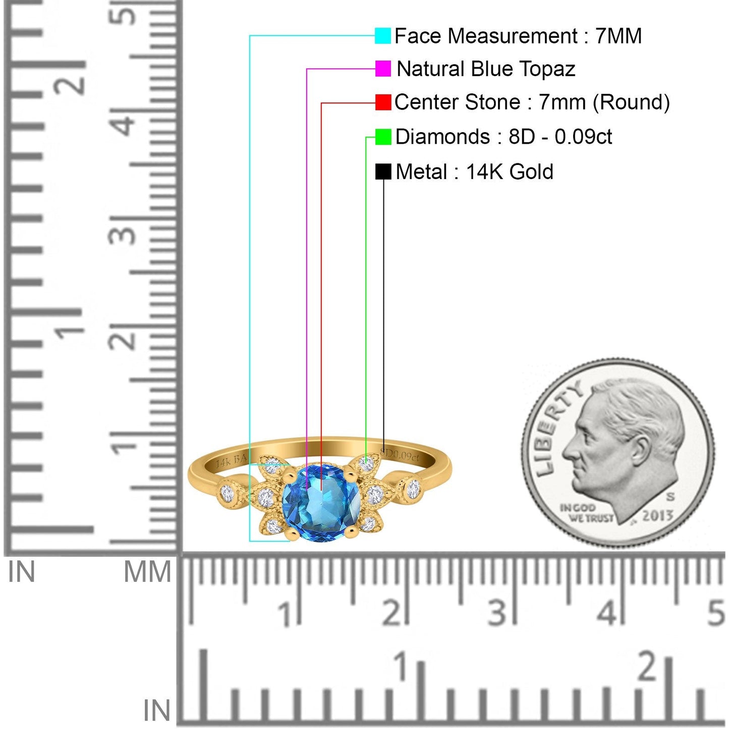 14K Yellow Gold 1.37ct Round 7mm G SI Natural Blue Topaz Diamond Engagement Wedding Ring Size 6.5