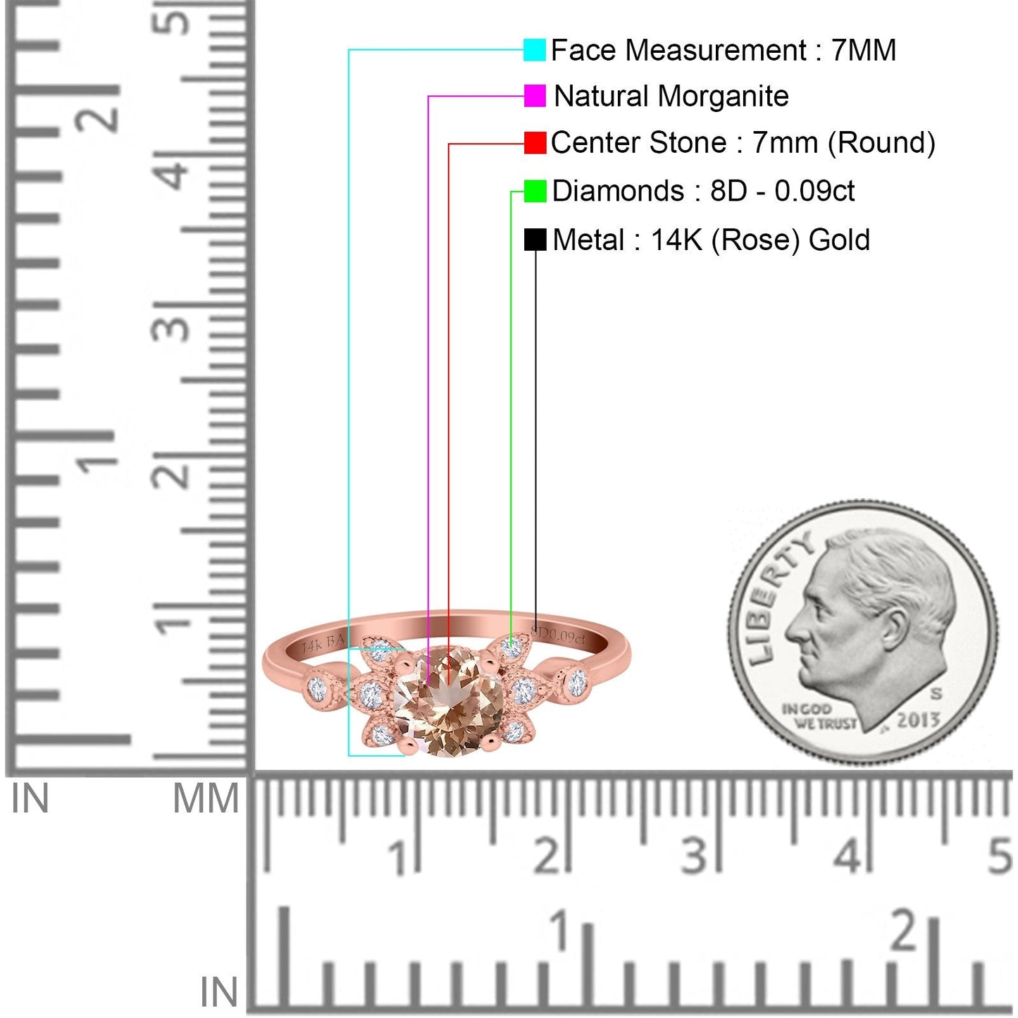 14K Rose Gold 1.37ct Round 7mm G SI Natural Morganite Diamond Engagement Wedding Ring Size 6.5