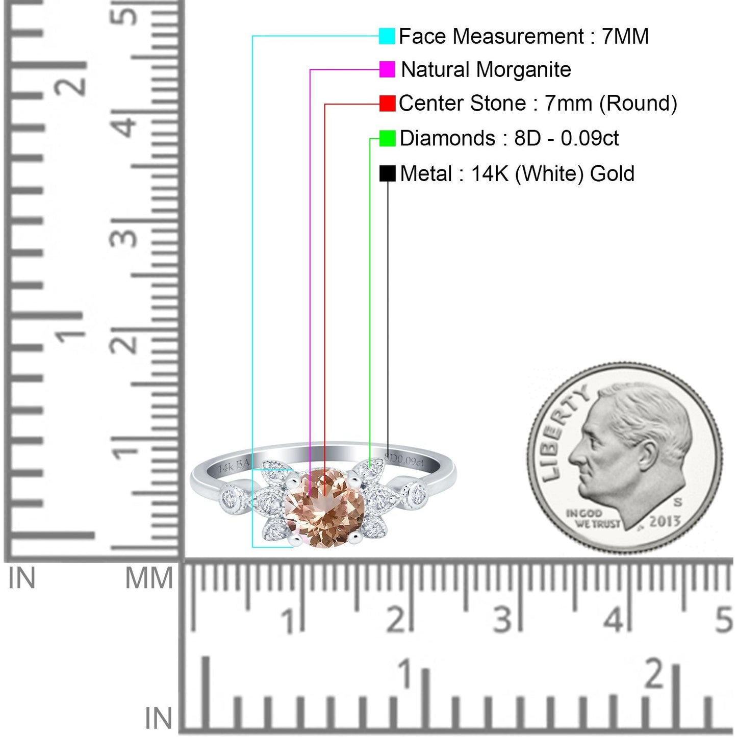 14K White Gold 1.37ct Round 7mm G SI Natural Morganite Diamond Engagement Wedding Ring Size 6.5