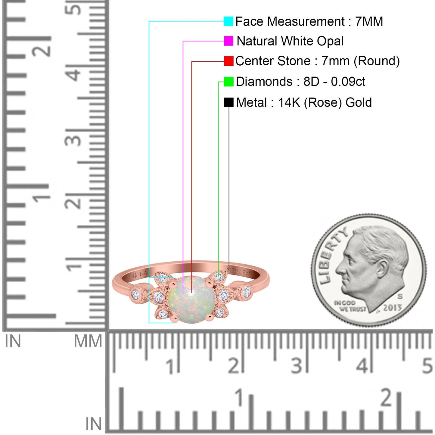 14K Rose Gold 0.09ct Round 7mm G SI Natural White Opal Diamond Engagement Wedding Ring Size 6.5