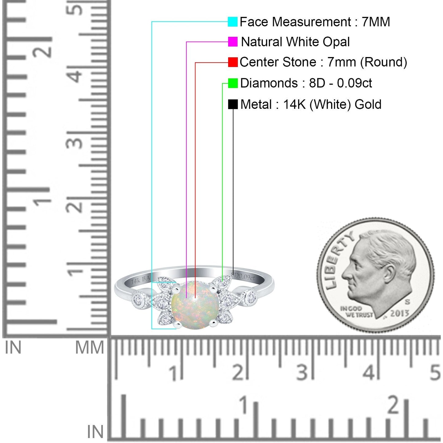 14K White Gold 0.09ct Round 7mm G SI Natural White Opal Diamond Engagement Wedding Ring Size 6.5