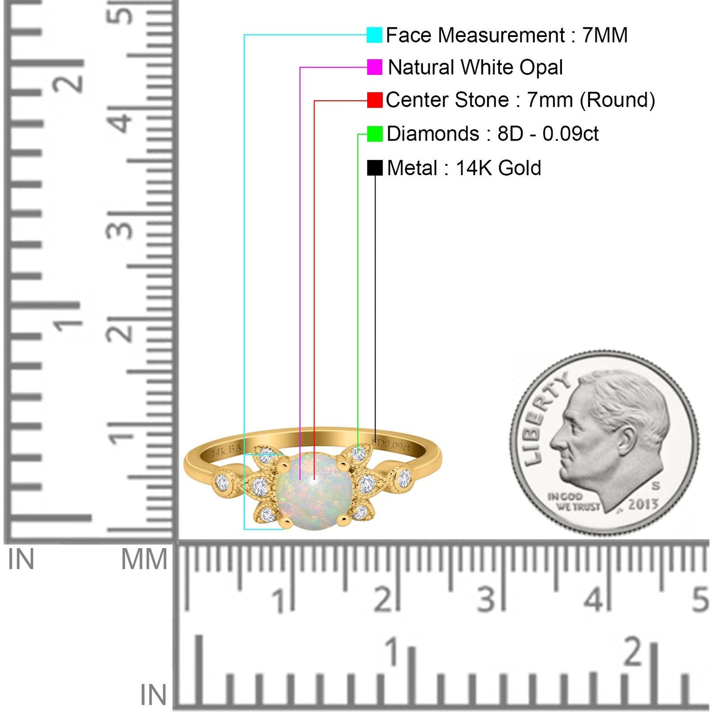 14K Yellow Gold 0.09ct Round 7mm G SI Natural White Opal Diamond Engagement Wedding Ring Size 6.5