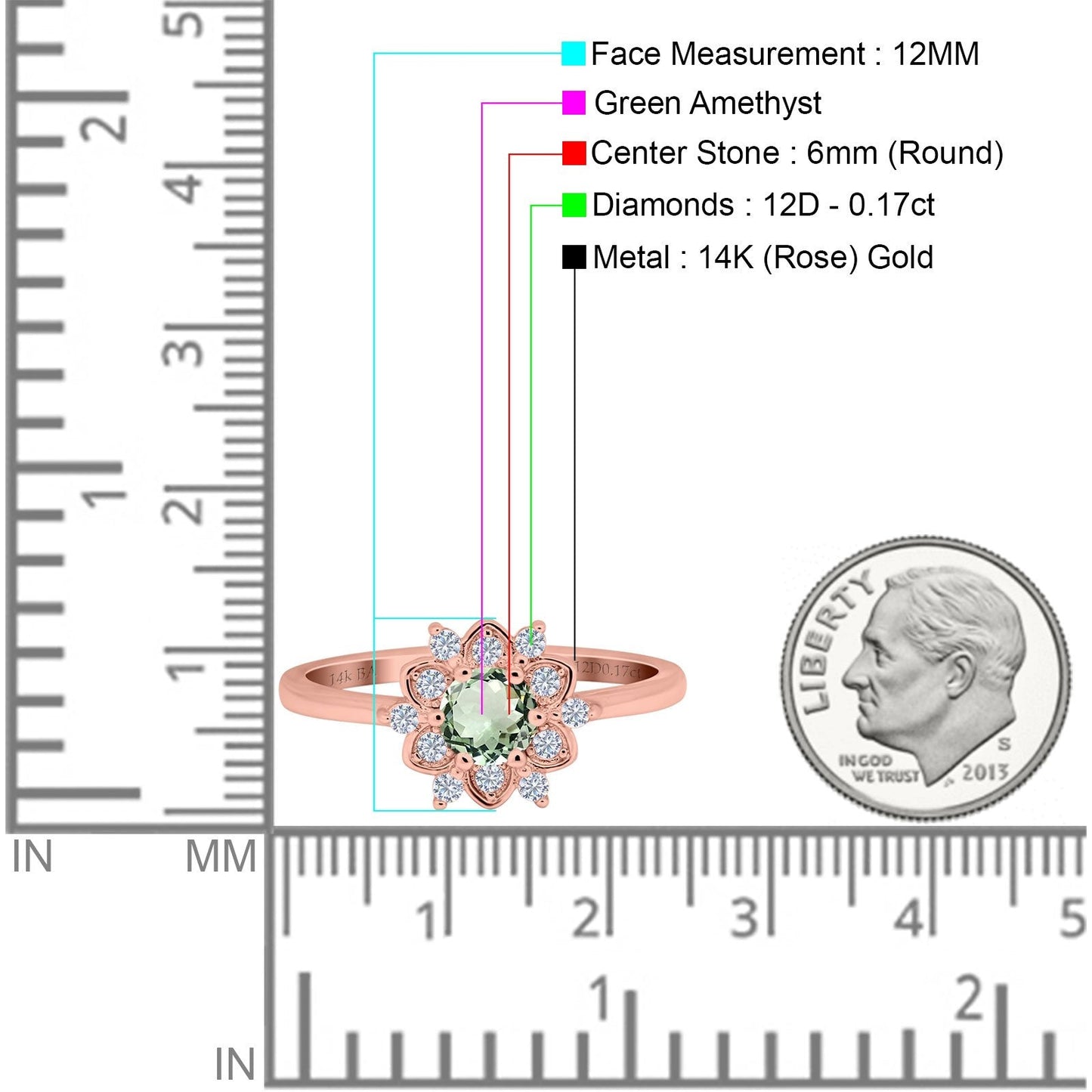 14K Rose Gold 1.01ct Round 6mm G SI Natural Green Amethyst Diamond Engagement Wedding Ring Size 6.5