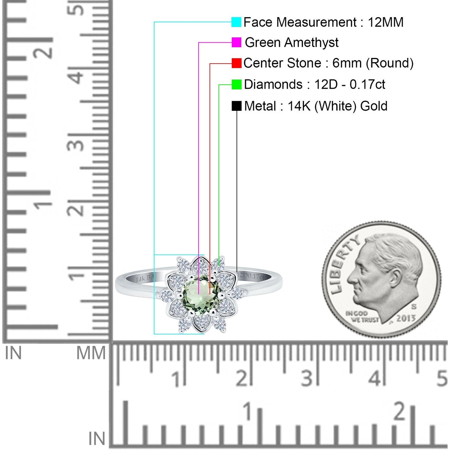 14K White Gold 1.01ct Round 6mm G SI Natural Green Amethyst Diamond Engagement Wedding Ring Size 6.5