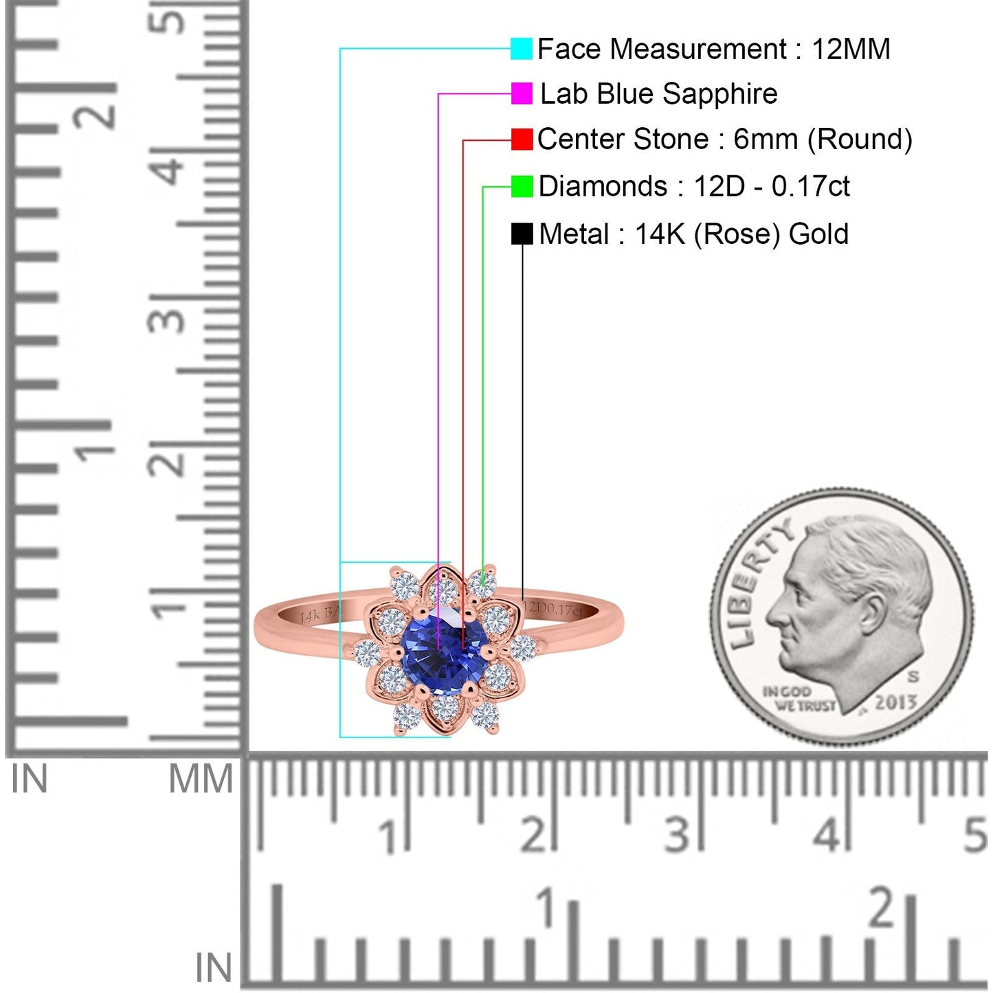 14K Rose Gold 1.01ct Round 6mm G SI Nano Blue Sapphire Diamond Engagement Wedding Ring Size 6.5