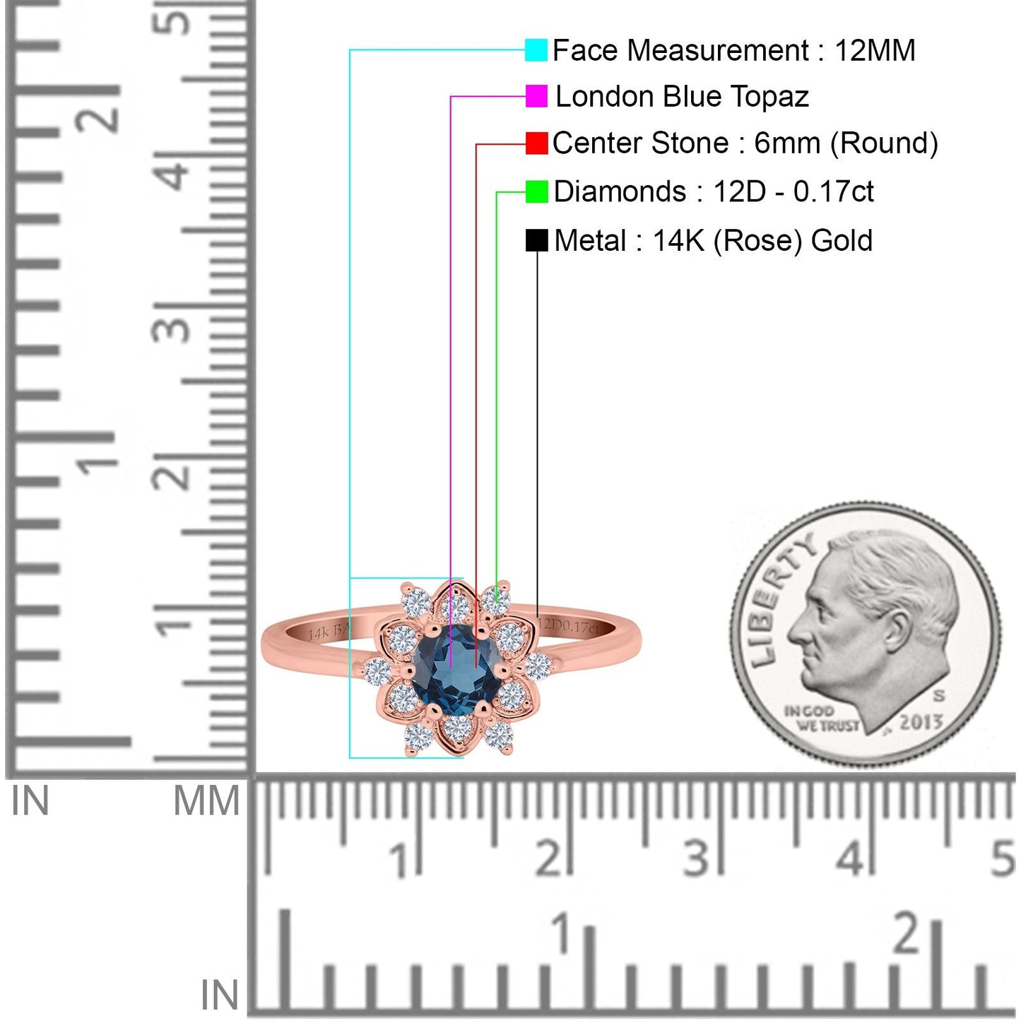 14K Rose Gold 1.01ct Round 6mm G SI London Blue Topaz Diamond Engagement Wedding Ring Size 6.5