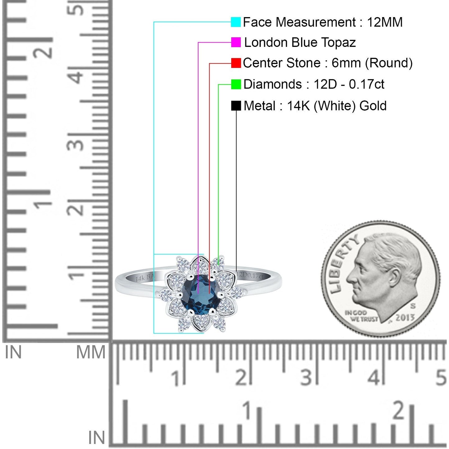 14K White Gold 1.01ct Round 6mm G SI London Blue Topaz Diamond Engagement Wedding Ring Size 6.5