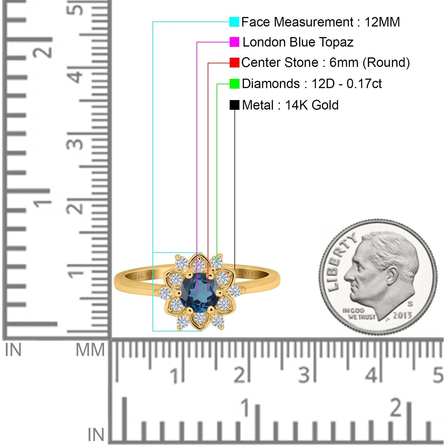 14K Yellow Gold 1.01ct Round 6mm G SI London Blue Topaz Diamond Engagement Wedding Ring Size 6.5