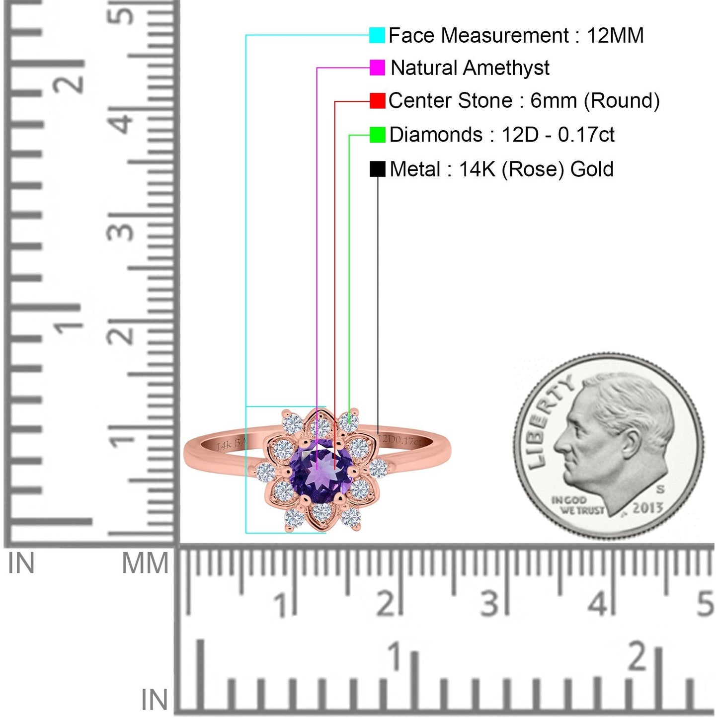 14K Rose Gold 1.01ct Round 6mm G SI Natural Amethyst Diamond Engagement Wedding Ring Size 6.5