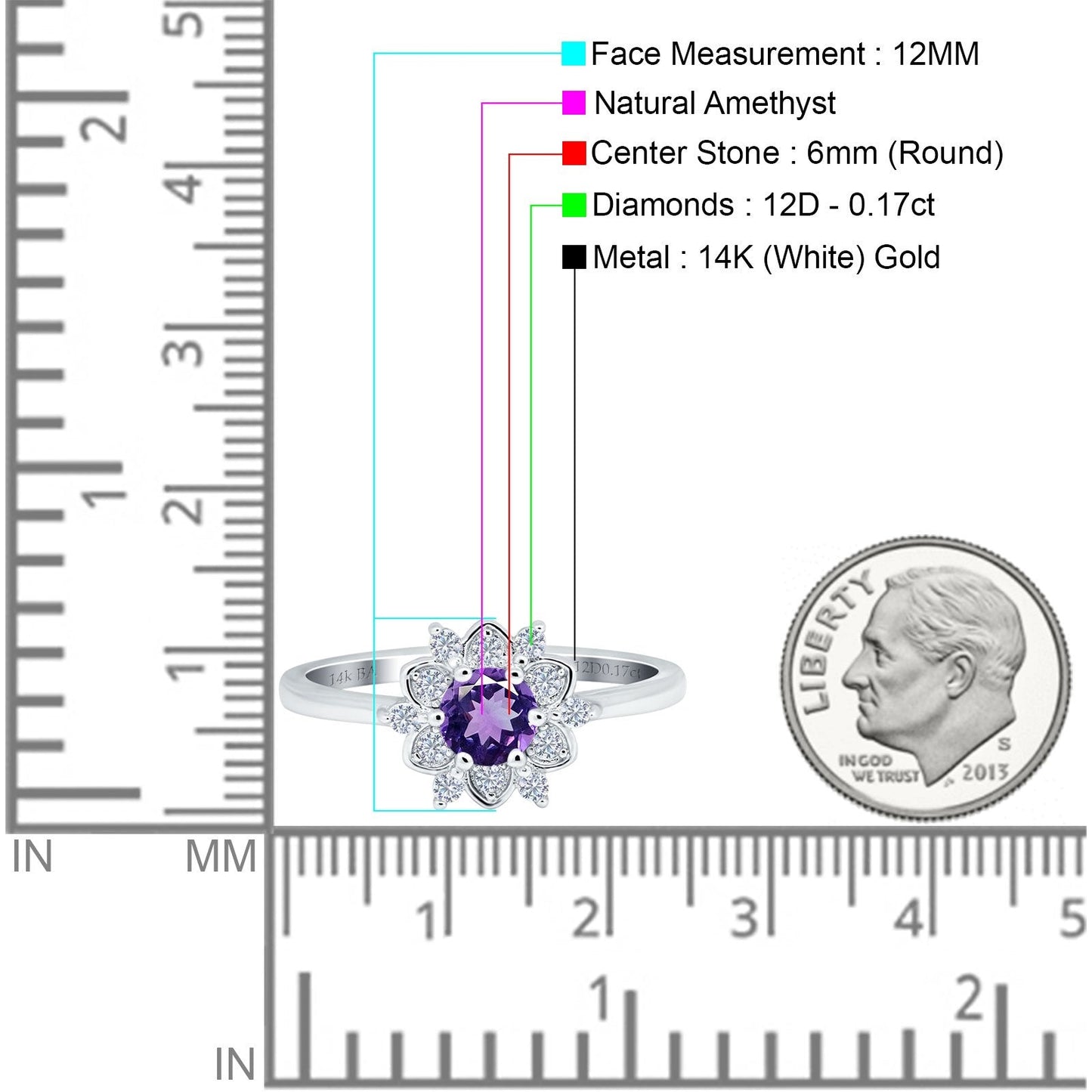 14K White Gold 1.01ct Round 6mm G SI Natural Amethyst Diamond Engagement Wedding Ring Size 6.5