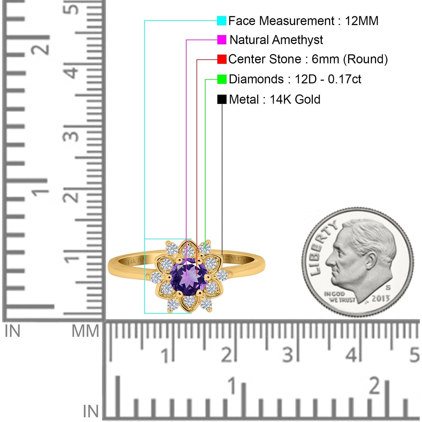 14K Yellow Gold 1.01ct Round 6mm G SI Natural Amethyst Diamond Engagement Wedding Ring Size 6.5