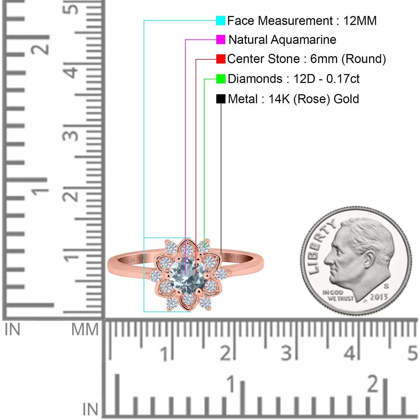 14K Rose Gold 1.01ct Round 6mm G SI Natural Aquamarine Diamond Engagement Wedding Ring Size 6.5