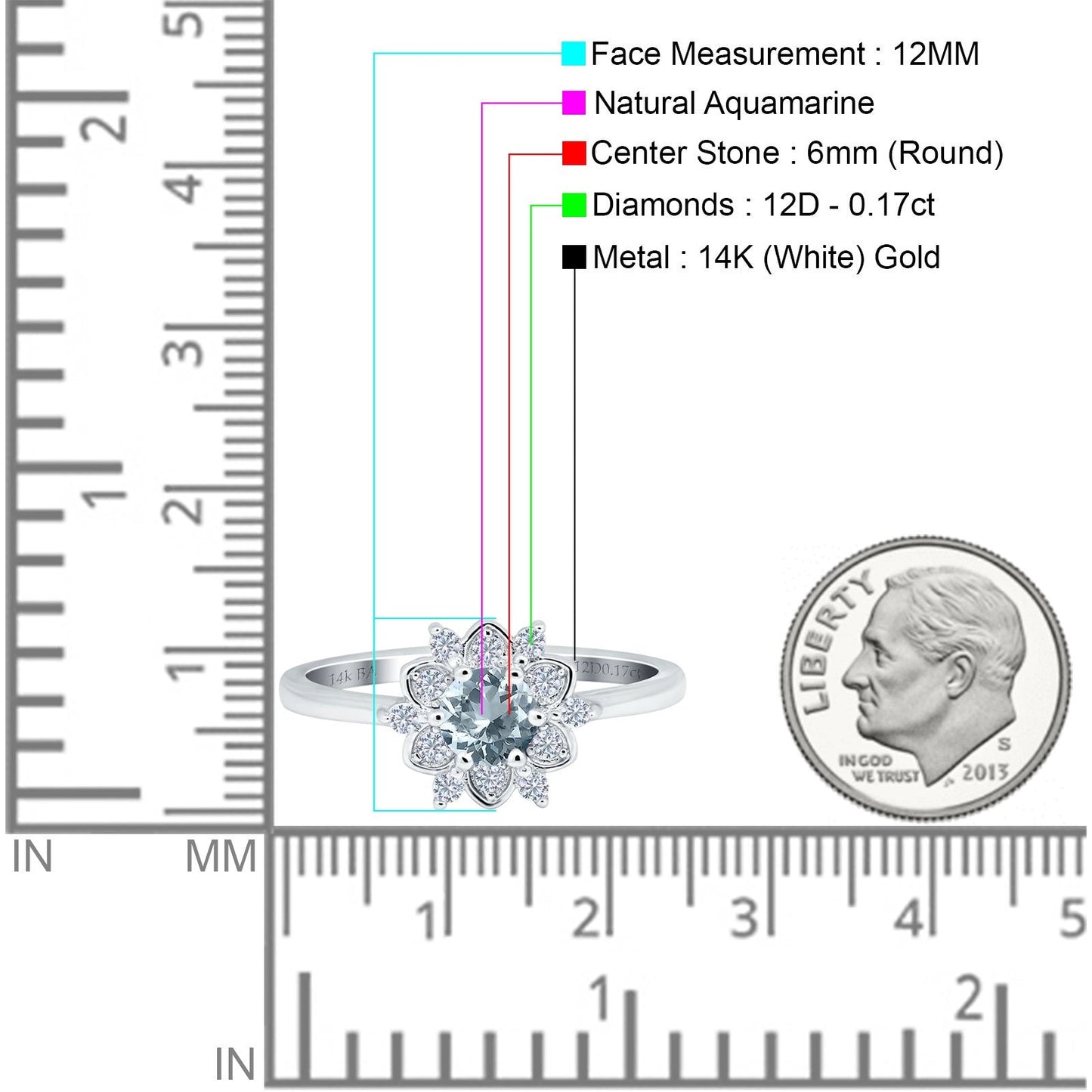 14K White Gold 1.01ct Round 6mm G SI Natural Aquamarine Diamond Engagement Wedding Ring Size 6.5