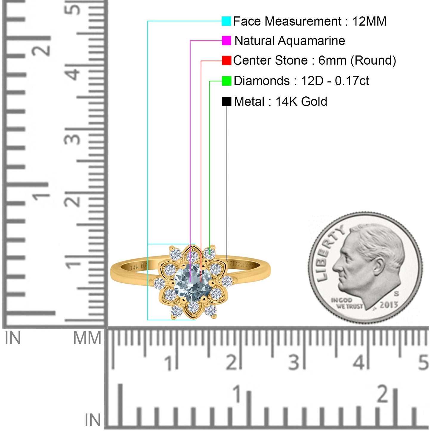 14K Yellow Gold 1.01ct Round 6mm G SI Natural Aquamarine Diamond Engagement Wedding Ring Size 6.5