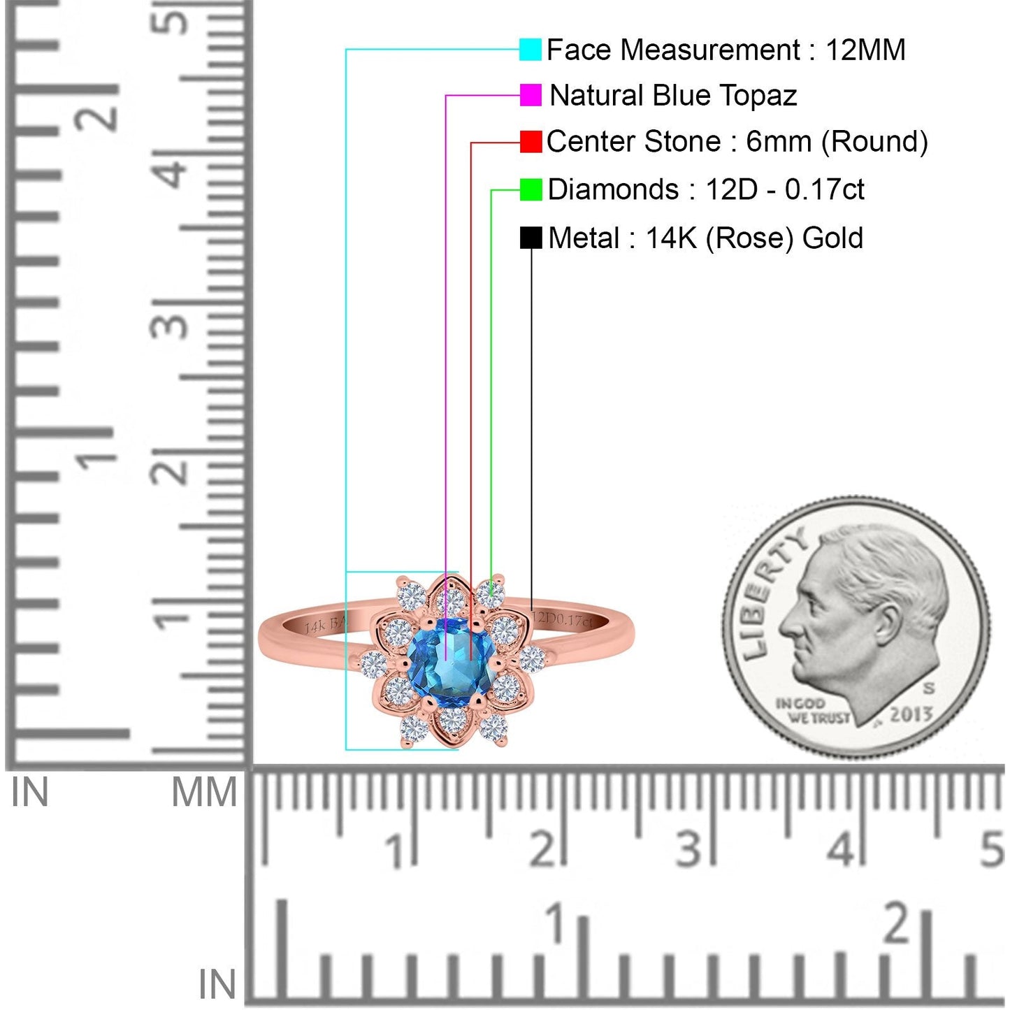 14K Rose Gold 1.01ct Round 6mm G SI Natural Blue Topaz Diamond Engagement Wedding Ring Size 6.5