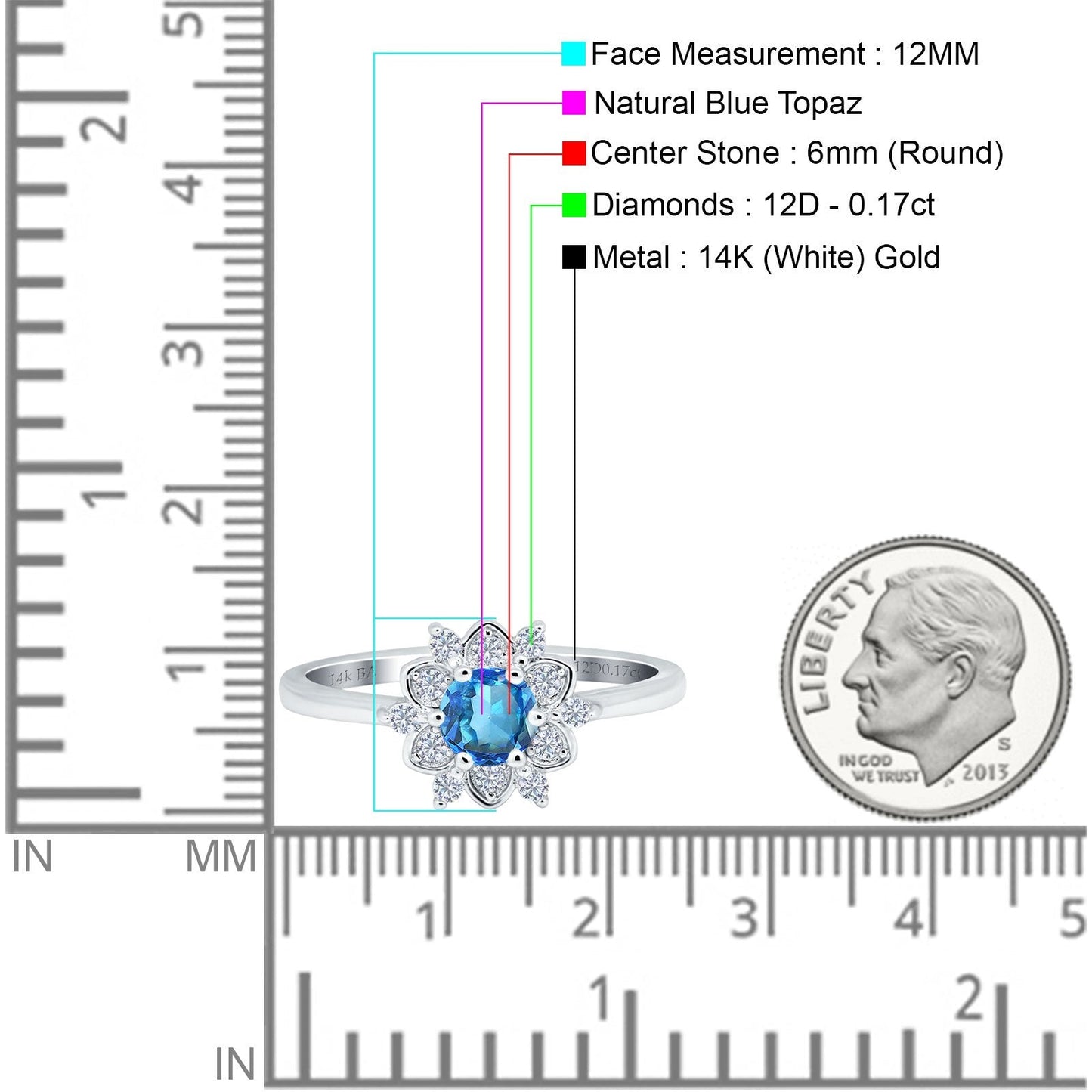 14K White Gold 1.01ct Round 6mm G SI Natural Blue Topaz Diamond Engagement Wedding Ring Size 6.5