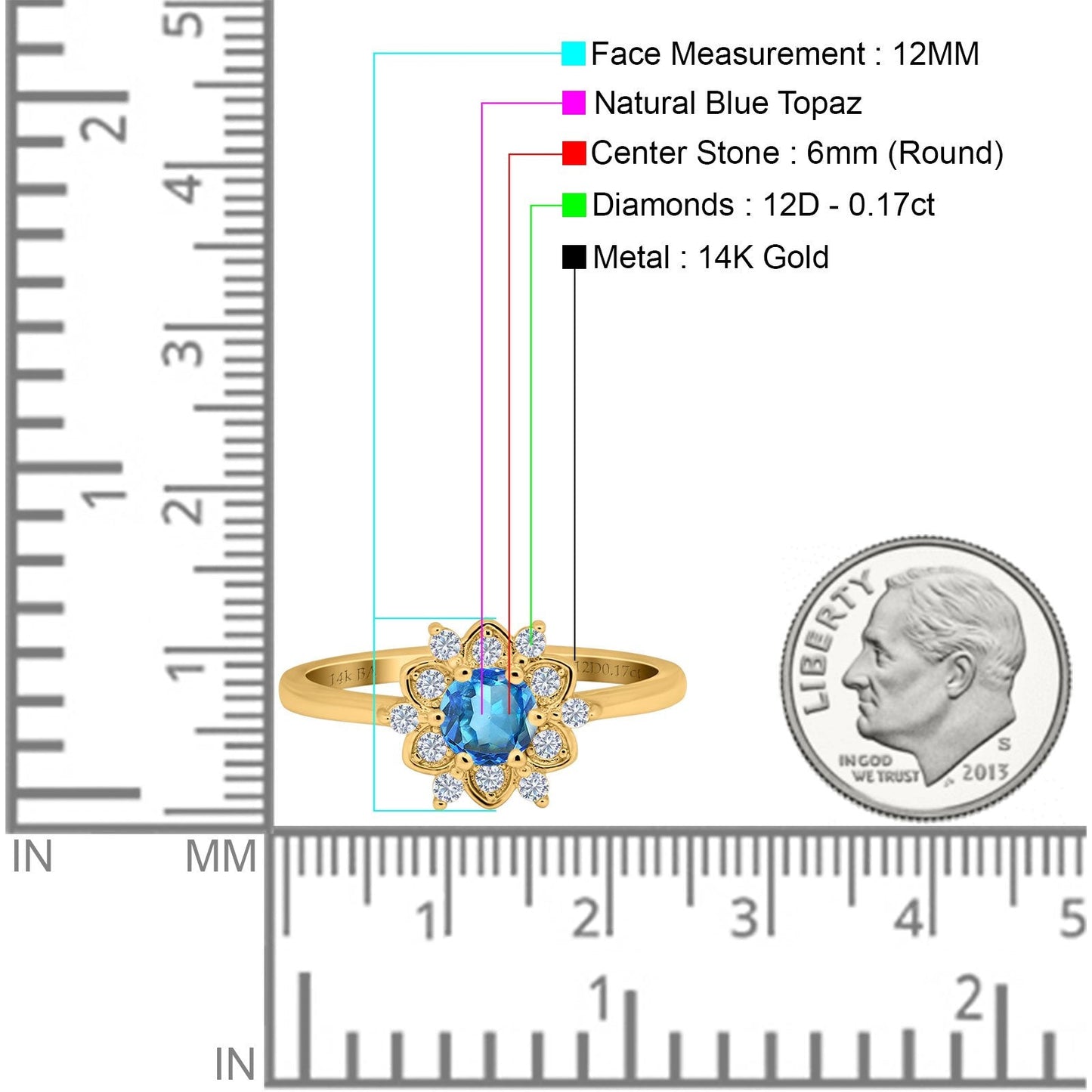 14K Yellow Gold 1.01ct Round 6mm G SI Natural Blue Topaz Diamond Engagement Wedding Ring Size 6.5