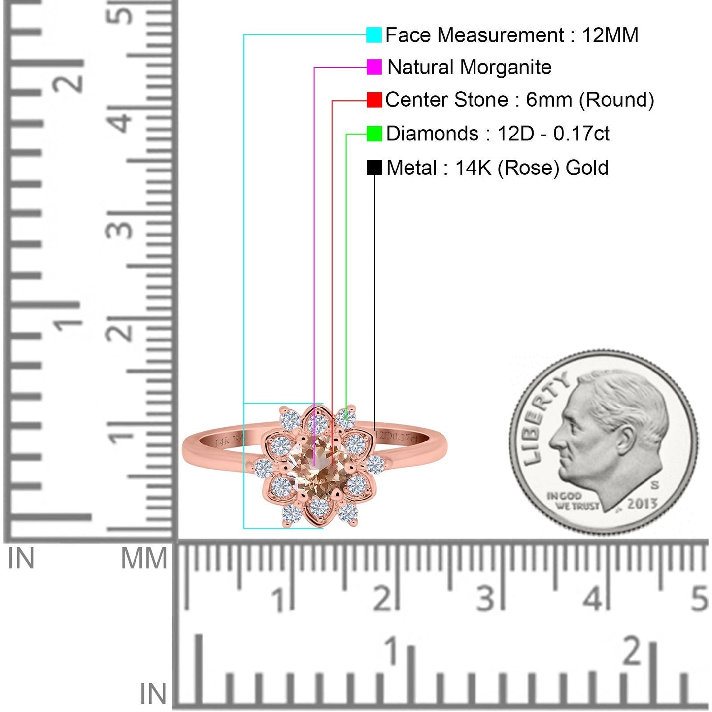 14K Rose Gold 1.01ct Round 6mm G SI Natural Morganite Diamond Engagement Wedding Ring Size 6.5