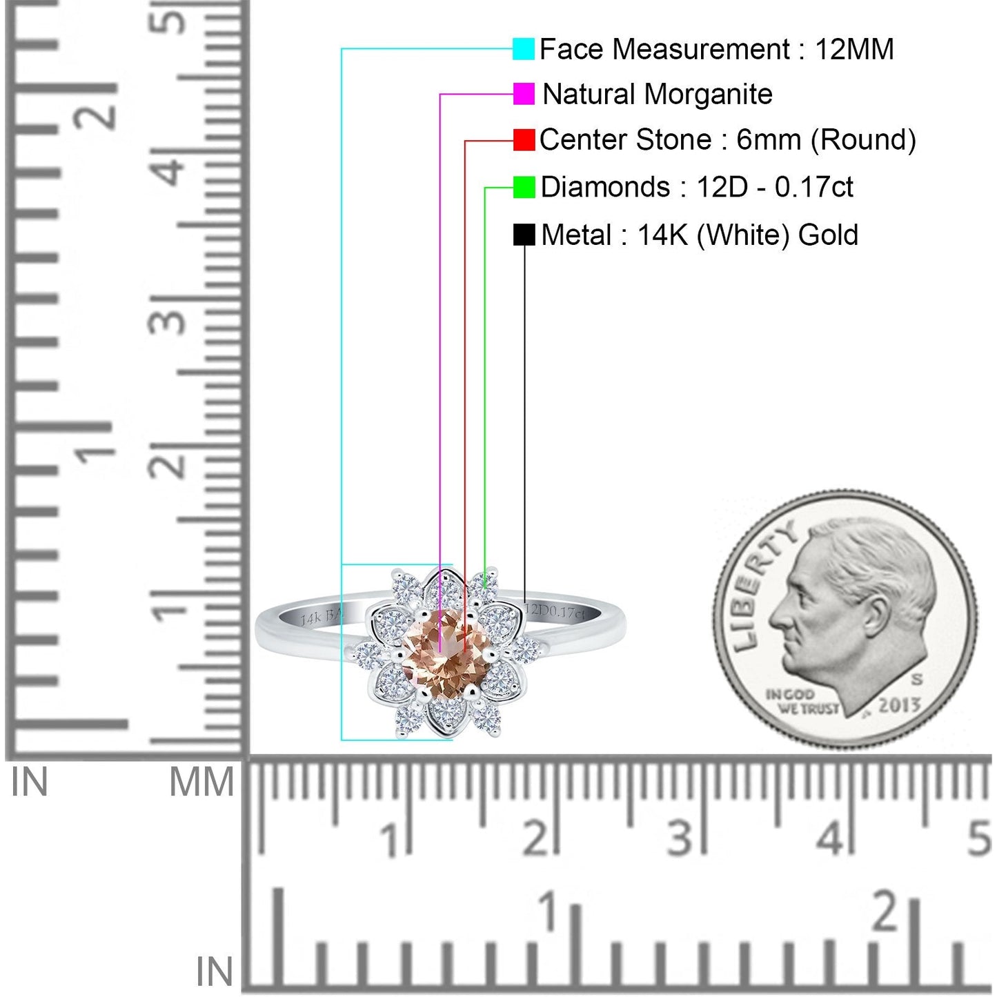 14K White Gold 1.01ct Round 6mm G SI Natural Morganite Diamond Engagement Wedding Ring Size 6.5