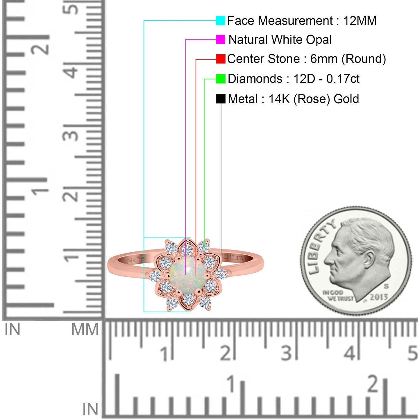 14K Rose Gold 0.17ct Round 6mm G SI Natural White Opal Diamond Engagement Wedding Ring Size 6.5