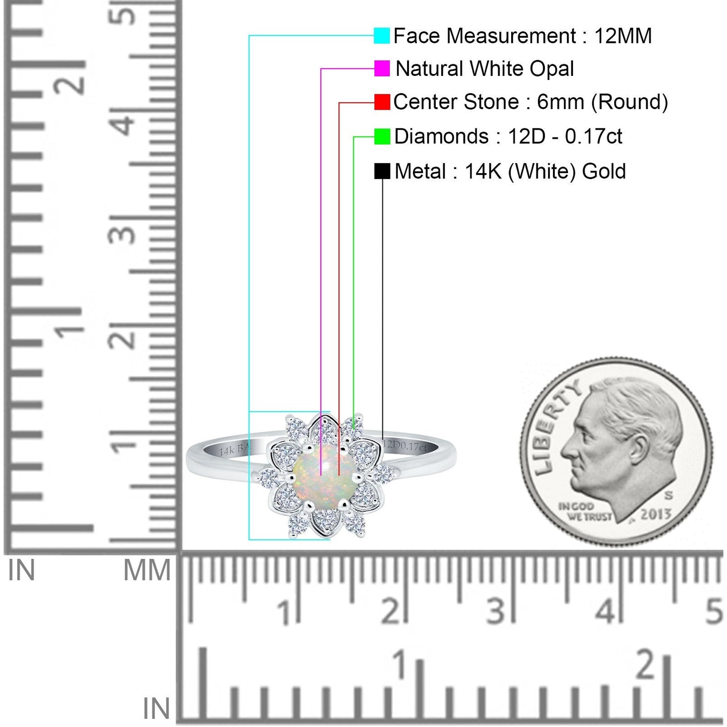 14K White Gold 0.17ct Round 6mm G SI Natural White Opal Diamond Engagement Wedding Ring Size 6.5