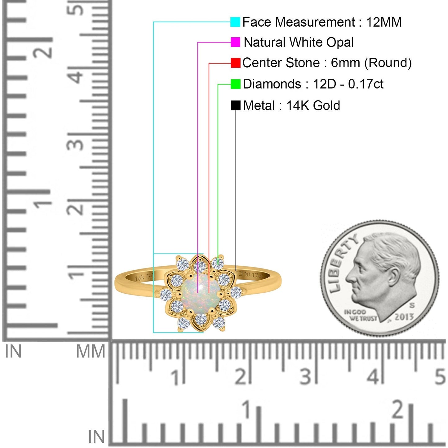 14K Yellow Gold 0.17ct Round 6mm G SI Natural White Opal Diamond Engagement Wedding Ring Size 6.5