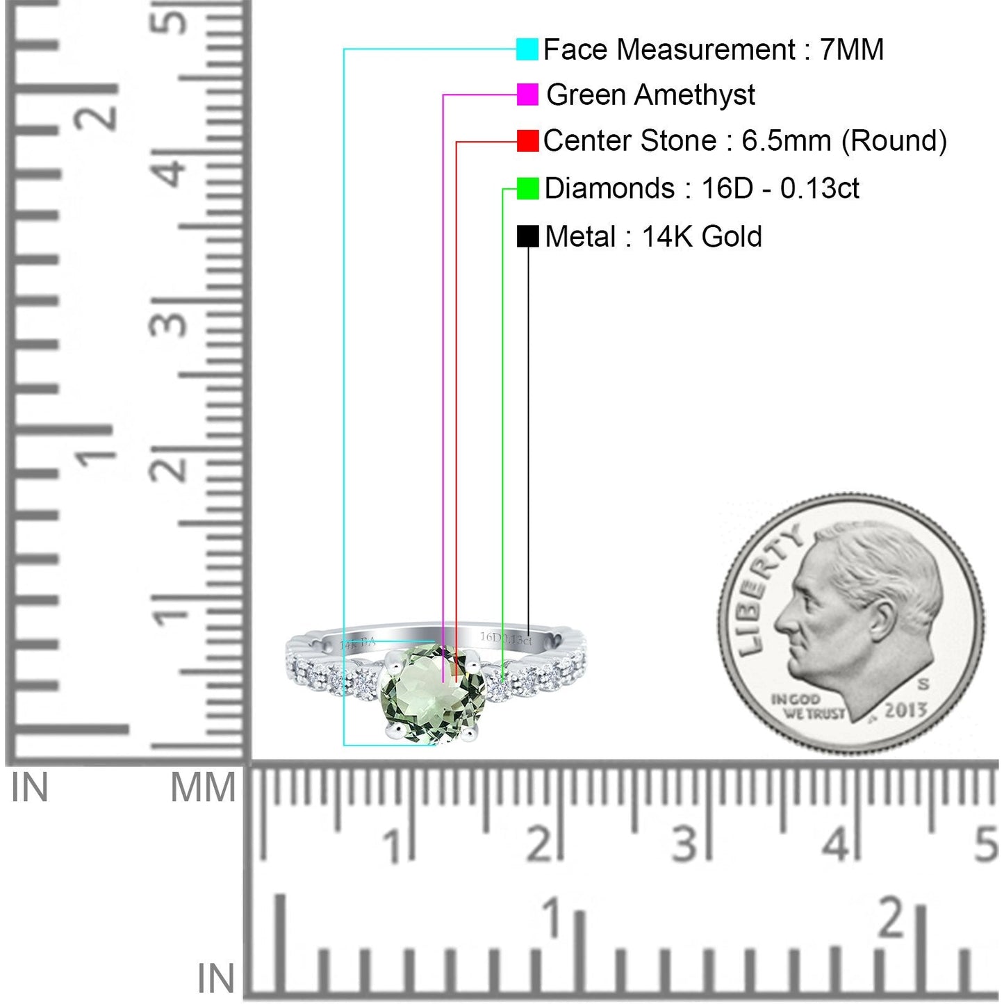 14K White Gold 1.16ct Round 6.5mm G SI Natural Green Amethyst Diamond Engagement Wedding Ring Size 6.5