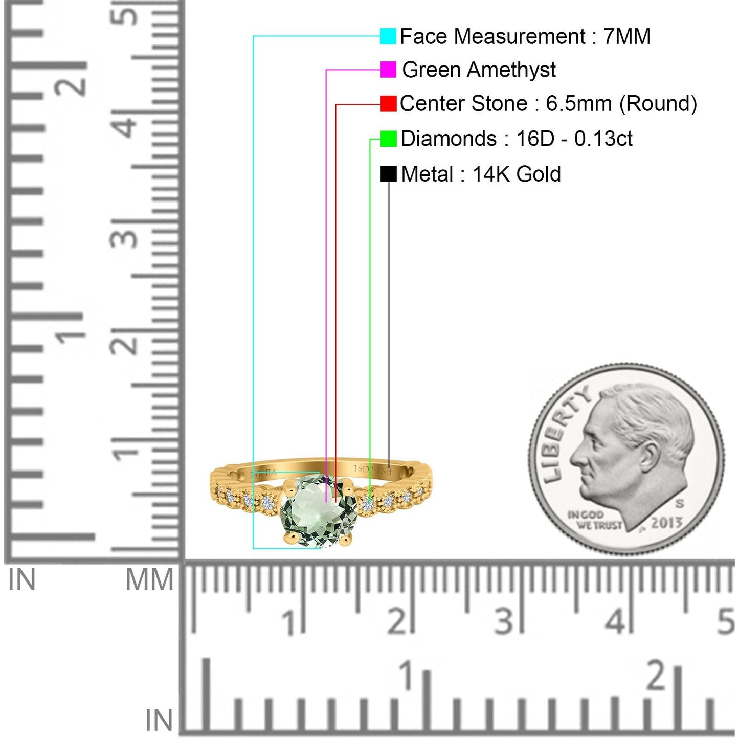 14K Yellow Gold 1.16ct Round 6.5mm G SI Natural Green Amethyst Diamond Engagement Wedding Ring Size 6.5