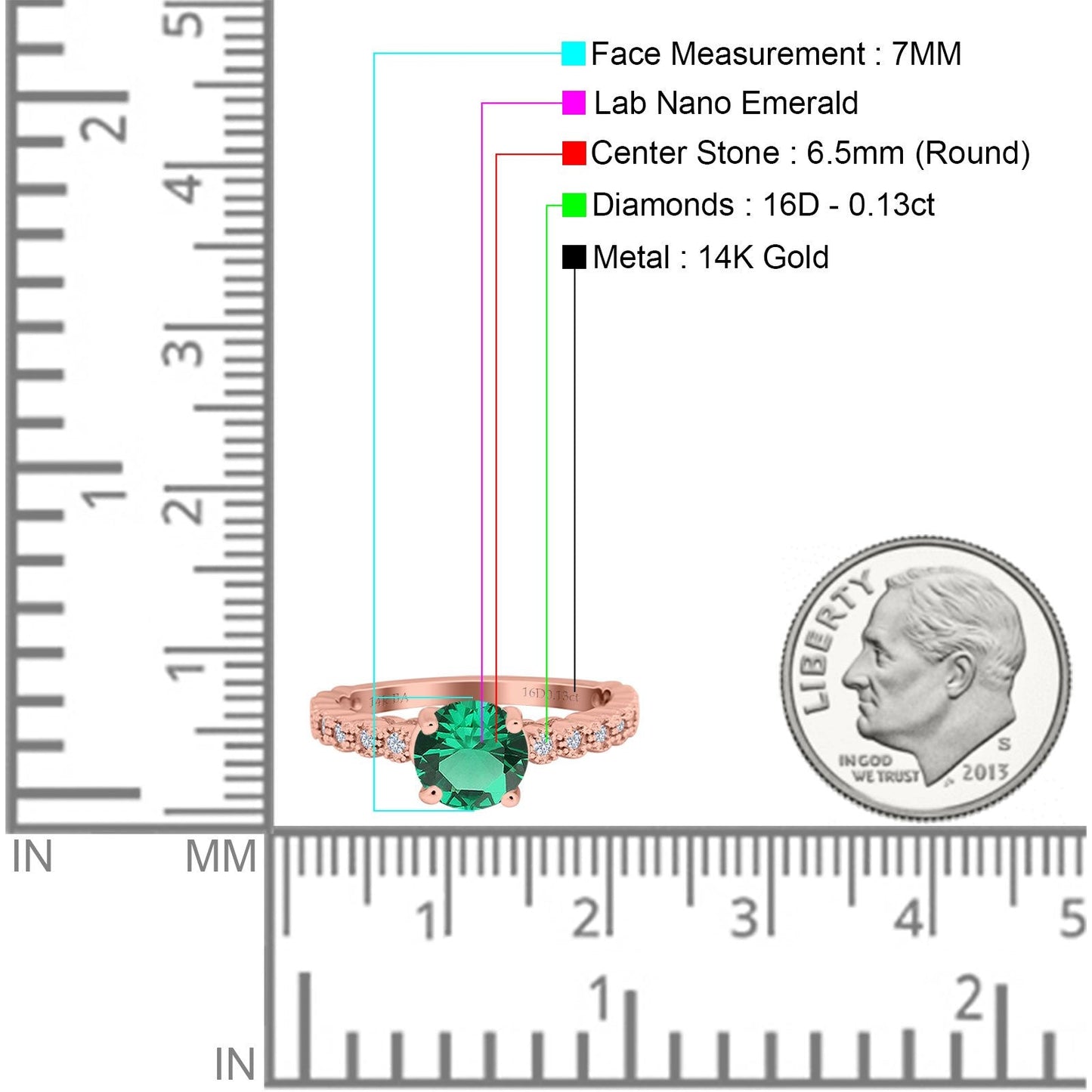 14K Rose Gold 1.16ct Round 6.5mm G SI Nano Emerald Diamond Engagement Wedding Ring Size 6.5