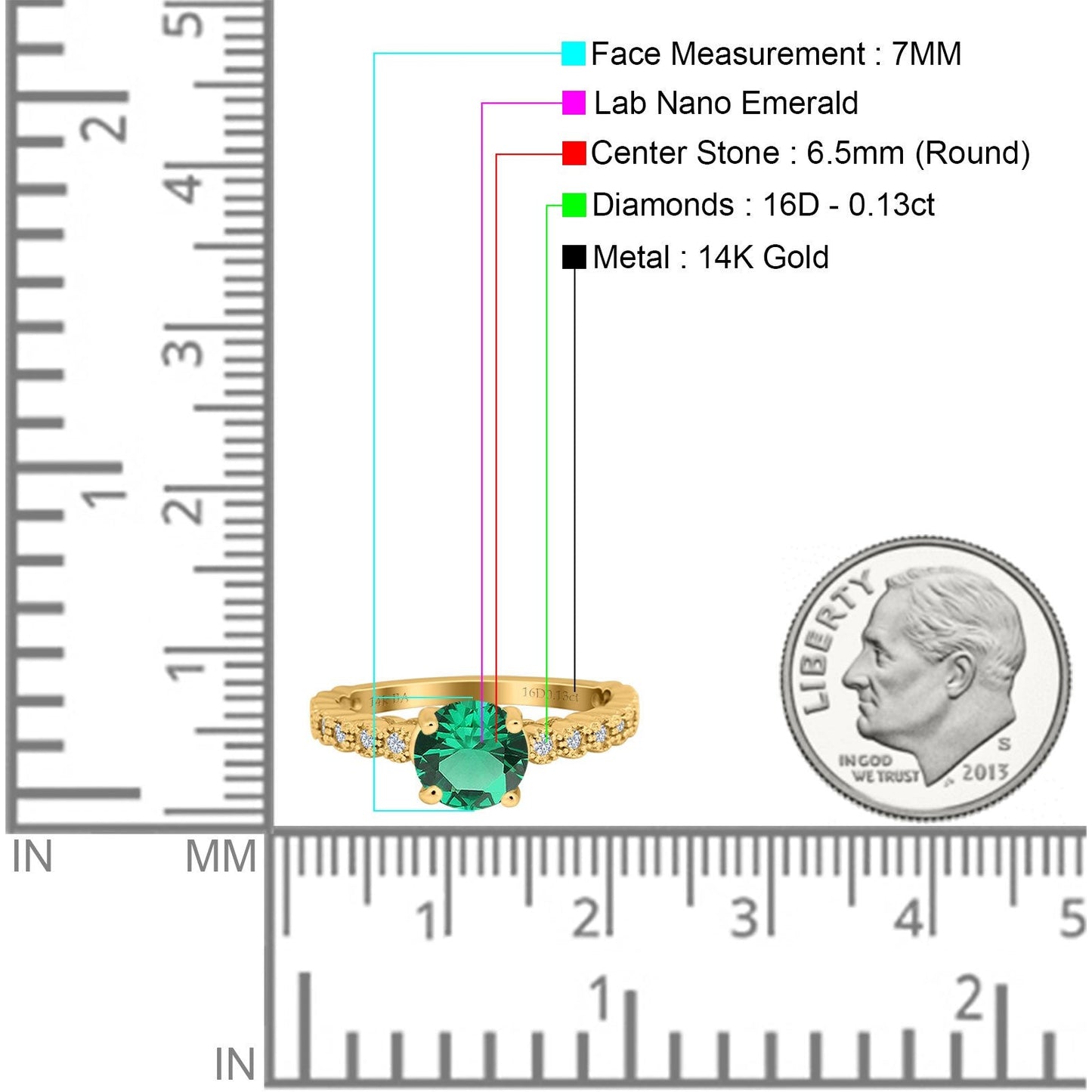 14K Yellow Gold 1.16ct Round 6.5mm G SI Nano Emerald Diamond Engagement Wedding Ring Size 6.5