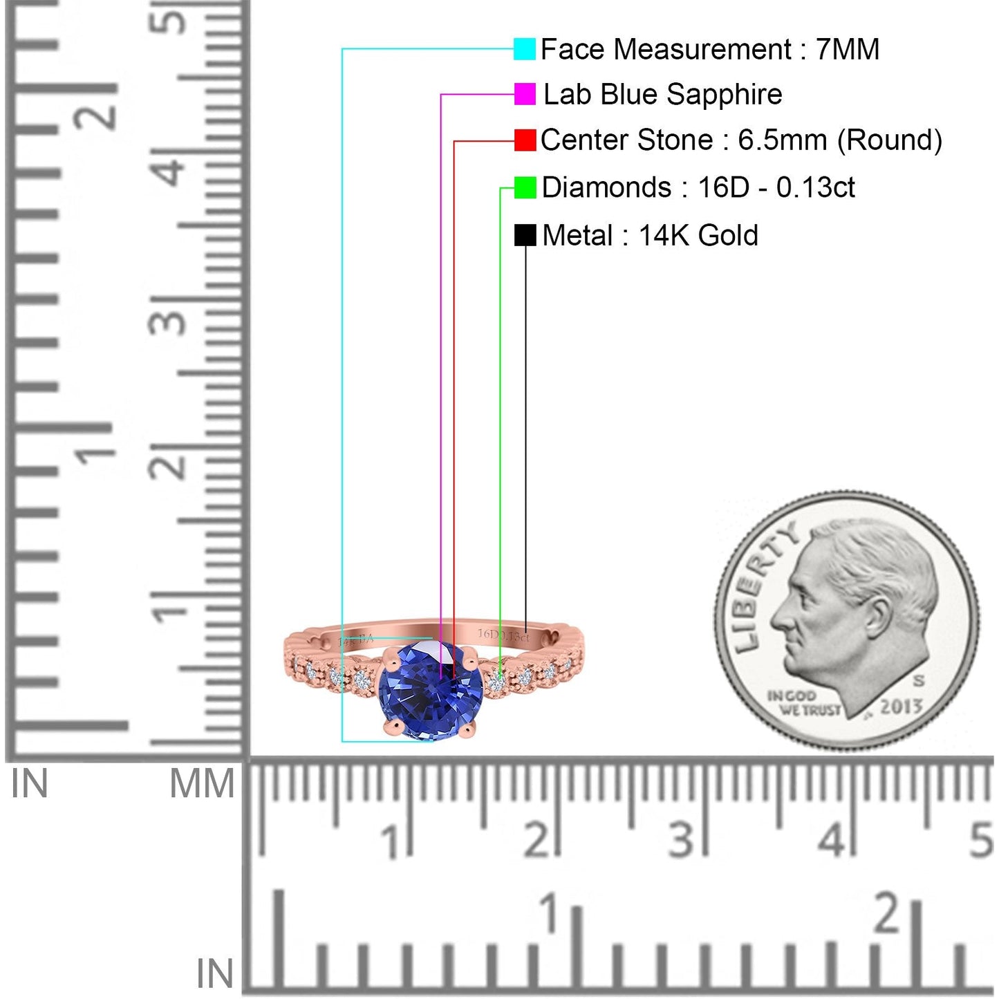 14K Rose Gold 1.16ct Round 6.5mm G SI Nano Blue Sapphire Diamond Engagement Wedding Ring Size 6.5