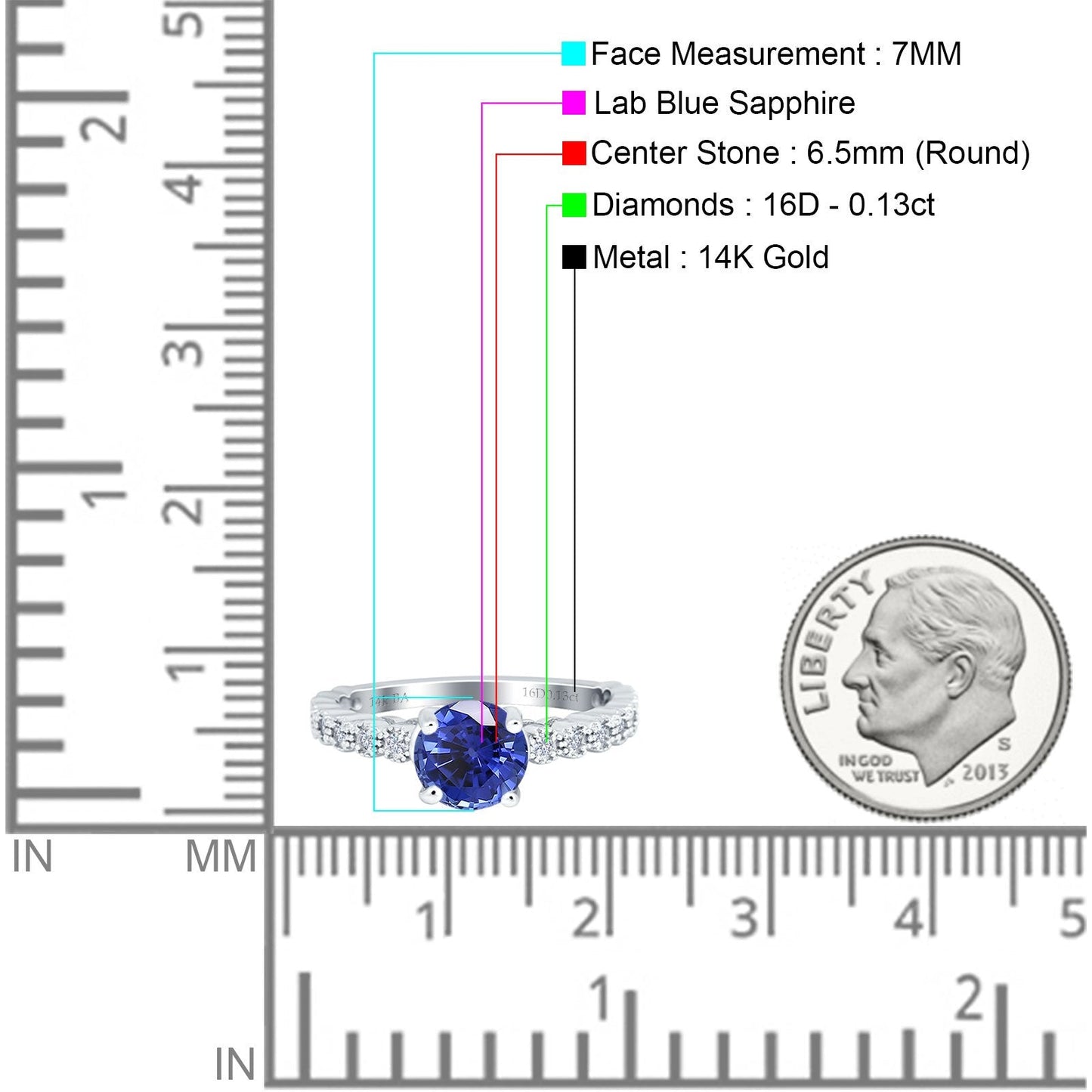 14K White Gold 1.16ct Round 6.5mm G SI Nano Blue Sapphire Diamond Engagement Wedding Ring Size 6.5