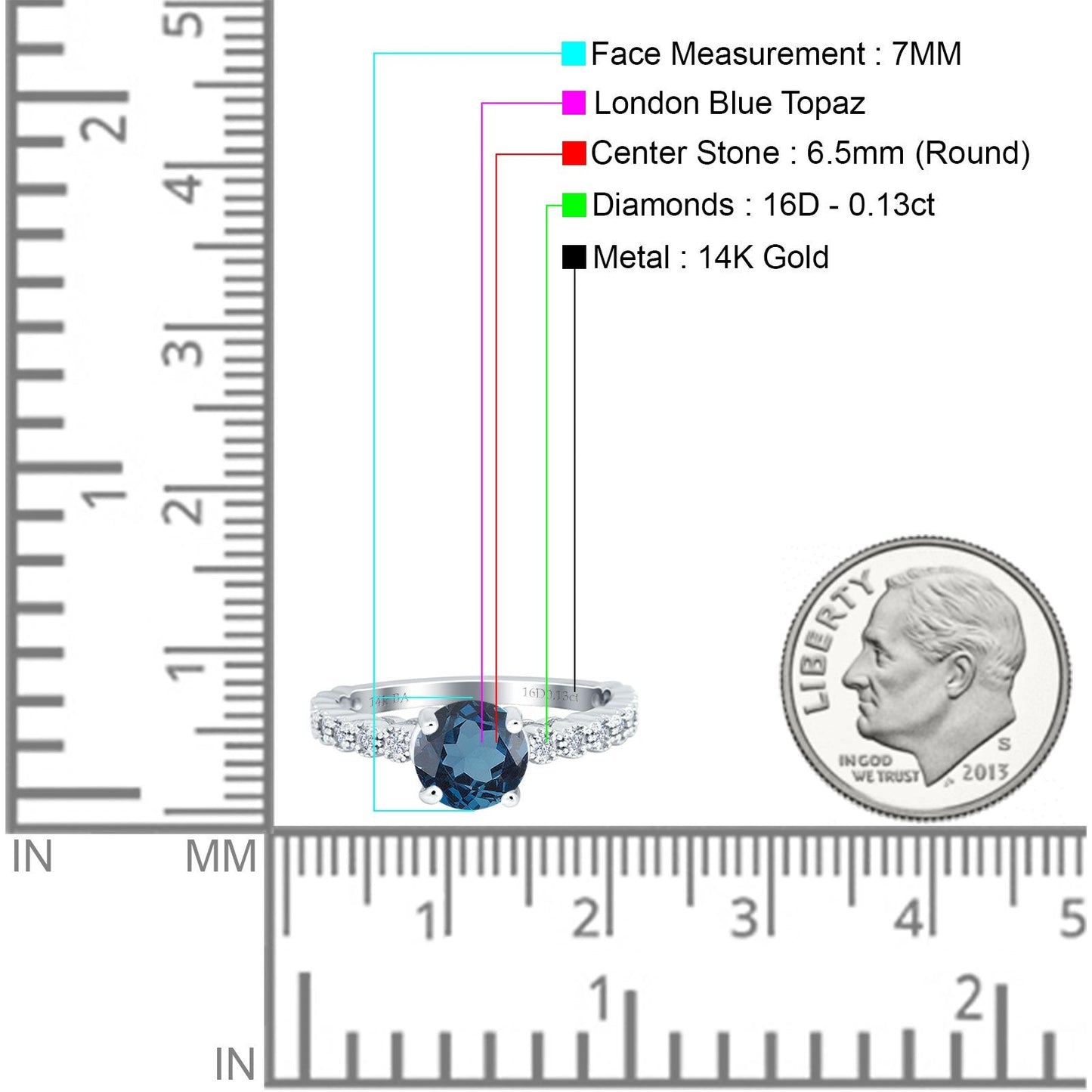 14K White Gold 1.16ct Round 6.5mm G SI London Blue Topaz Diamond Engagement Wedding Ring Size 6.5