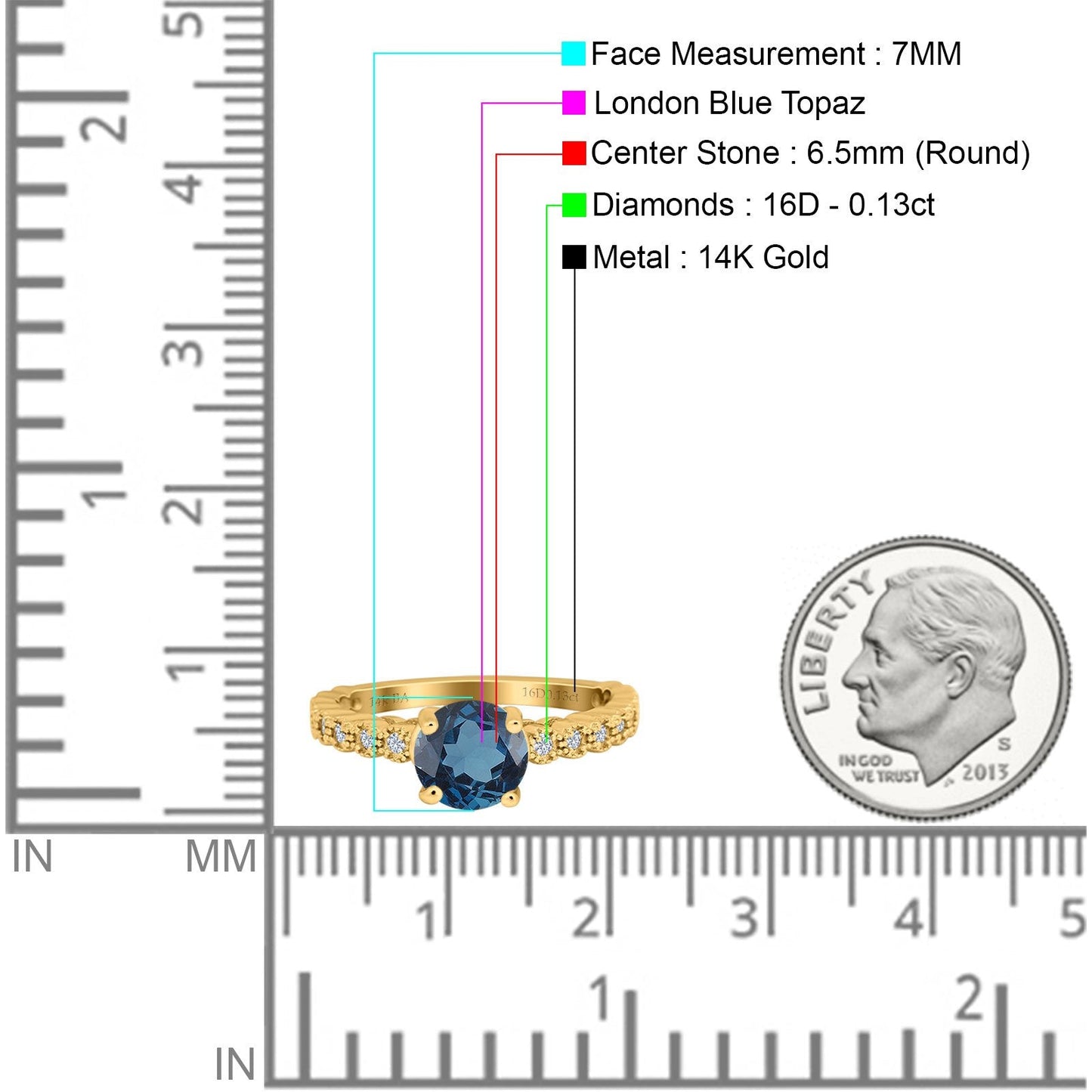 14K Yellow Gold 1.16ct Round 6.5mm G SI London Blue Topaz Diamond Engagement Wedding Ring Size 6.5