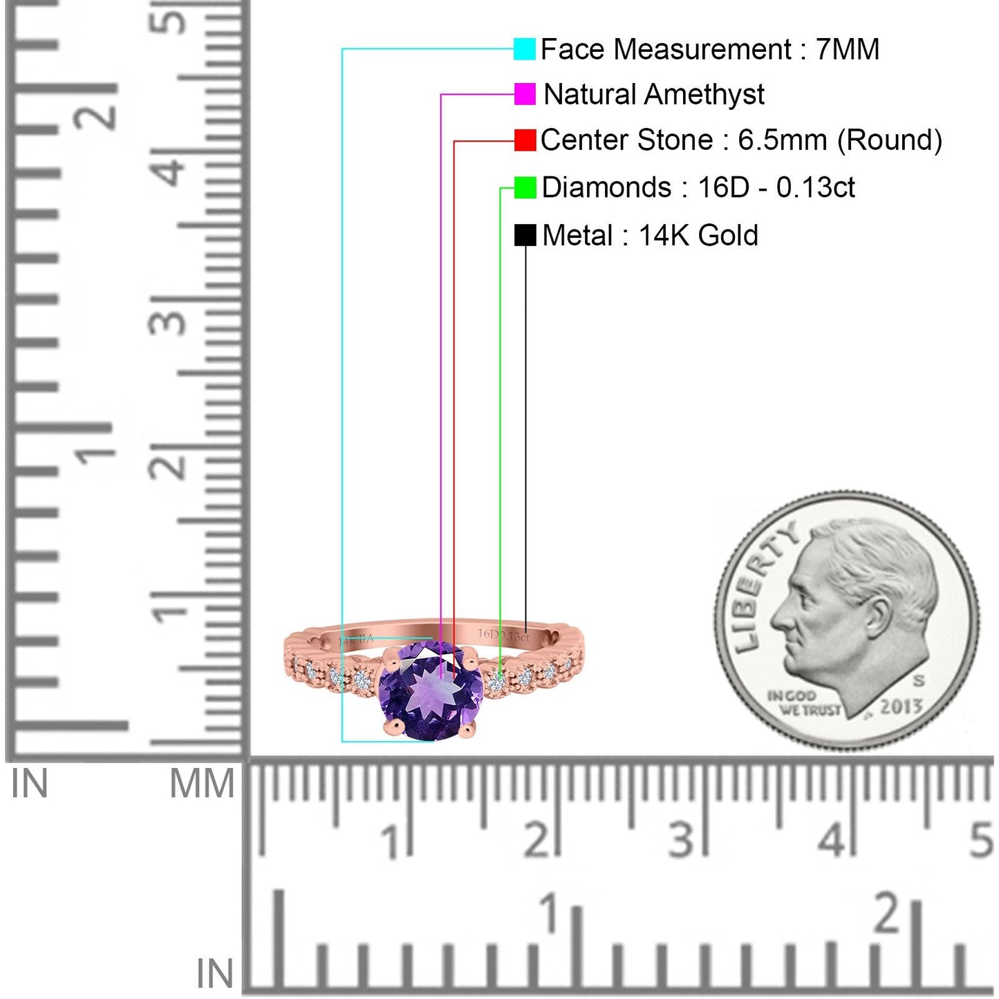 14K Rose Gold 1.16ct Round 6.5mm G SI Natural Amethyst Diamond Engagement Wedding Ring Size 6.5