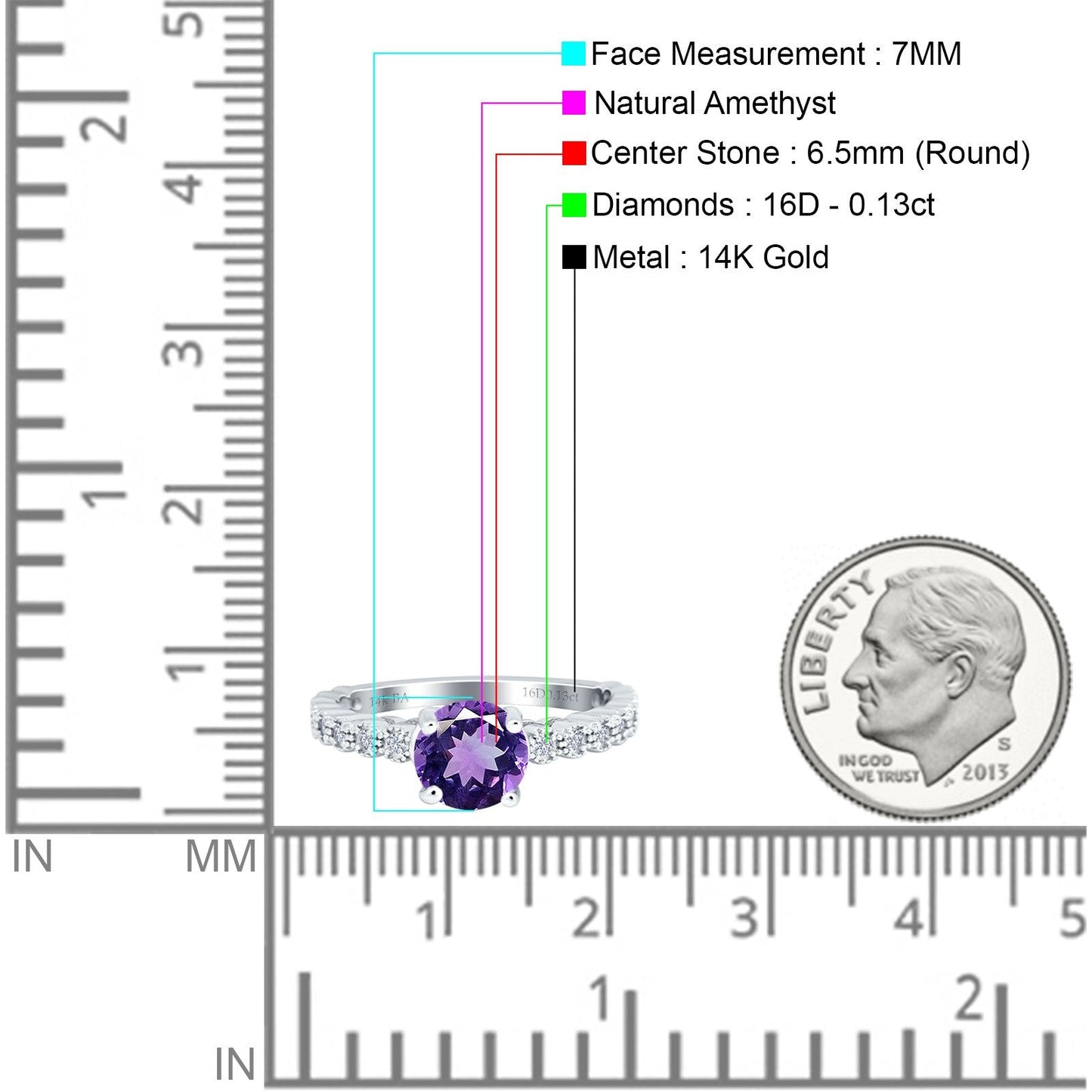 14K White Gold 1.16ct Round 6.5mm G SI Natural Amethyst Diamond Engagement Wedding Ring Size 6.5