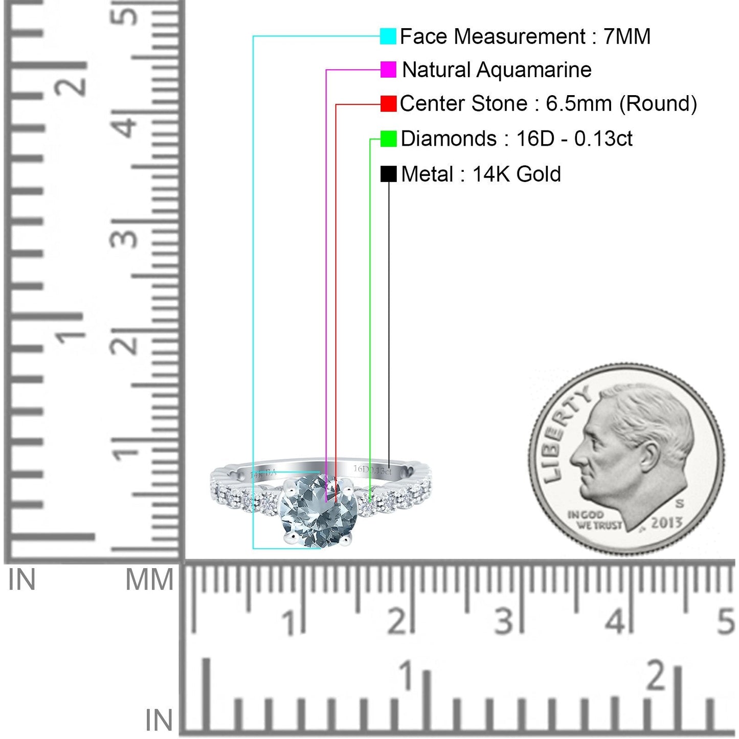 14K White Gold 1.16ct Round 6.5mm G SI Natural Aquamarine Diamond Engagement Wedding Ring Size 6.5