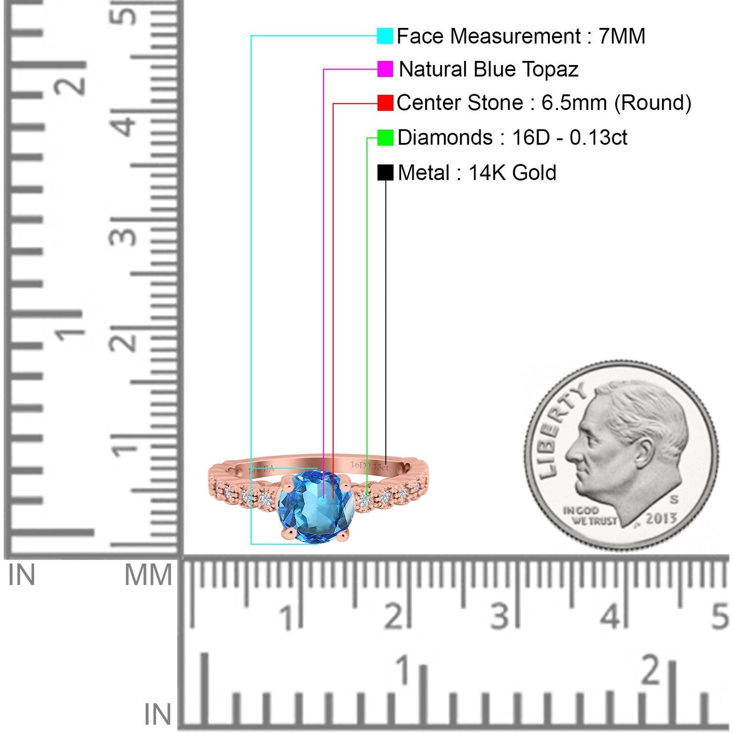 14K Rose Gold 1.16ct Round 6.5mm G SI Natural Blue Topaz Diamond Engagement Wedding Ring Size 6.5