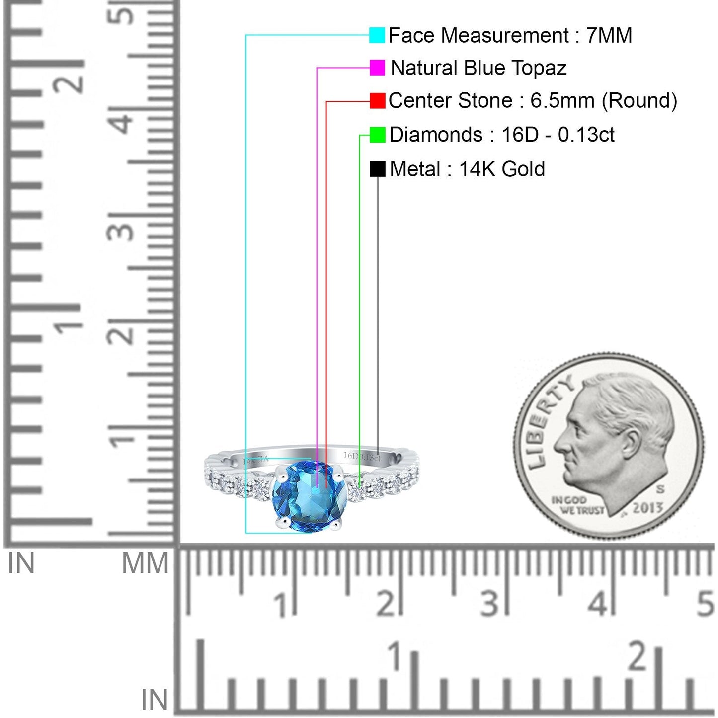 14K White Gold 1.16ct Round 6.5mm G SI Natural Blue Topaz Diamond Engagement Wedding Ring Size 6.5