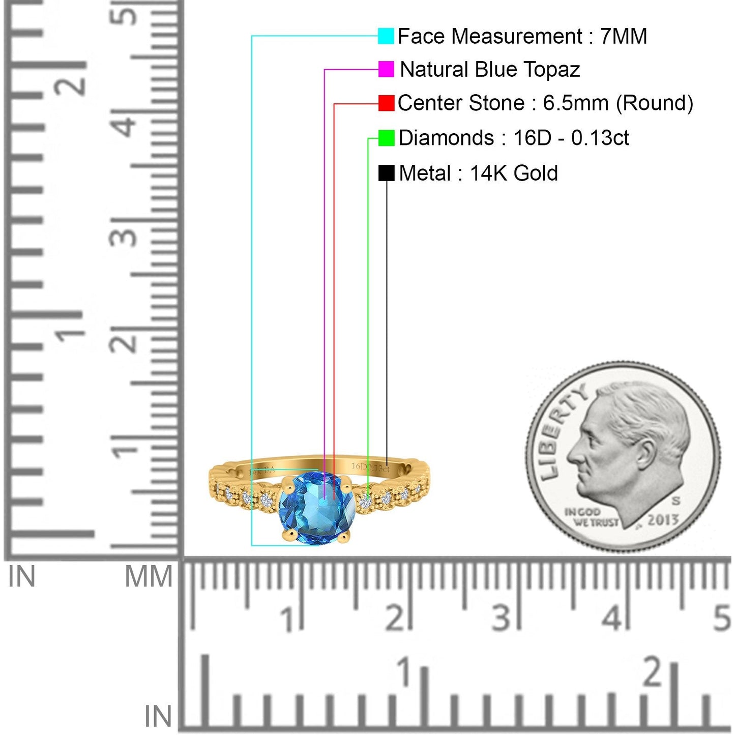 14K Yellow Gold 1.16ct Round 6.5mm G SI Natural Blue Topaz Diamond Engagement Wedding Ring Size 6.5