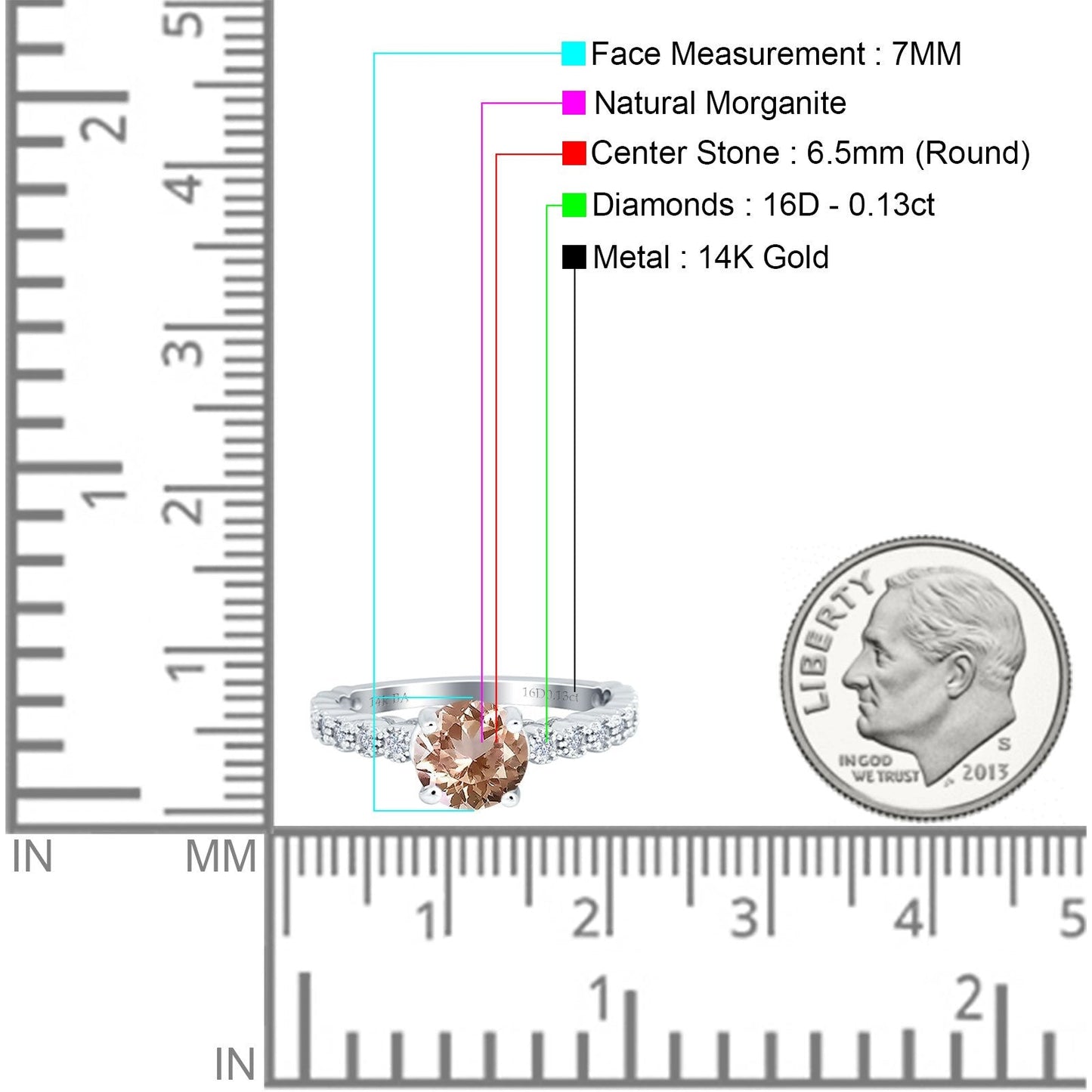 14K White Gold 1.16ct Round 6.5mm G SI Natural Morganite Diamond Engagement Wedding Ring Size 6.5