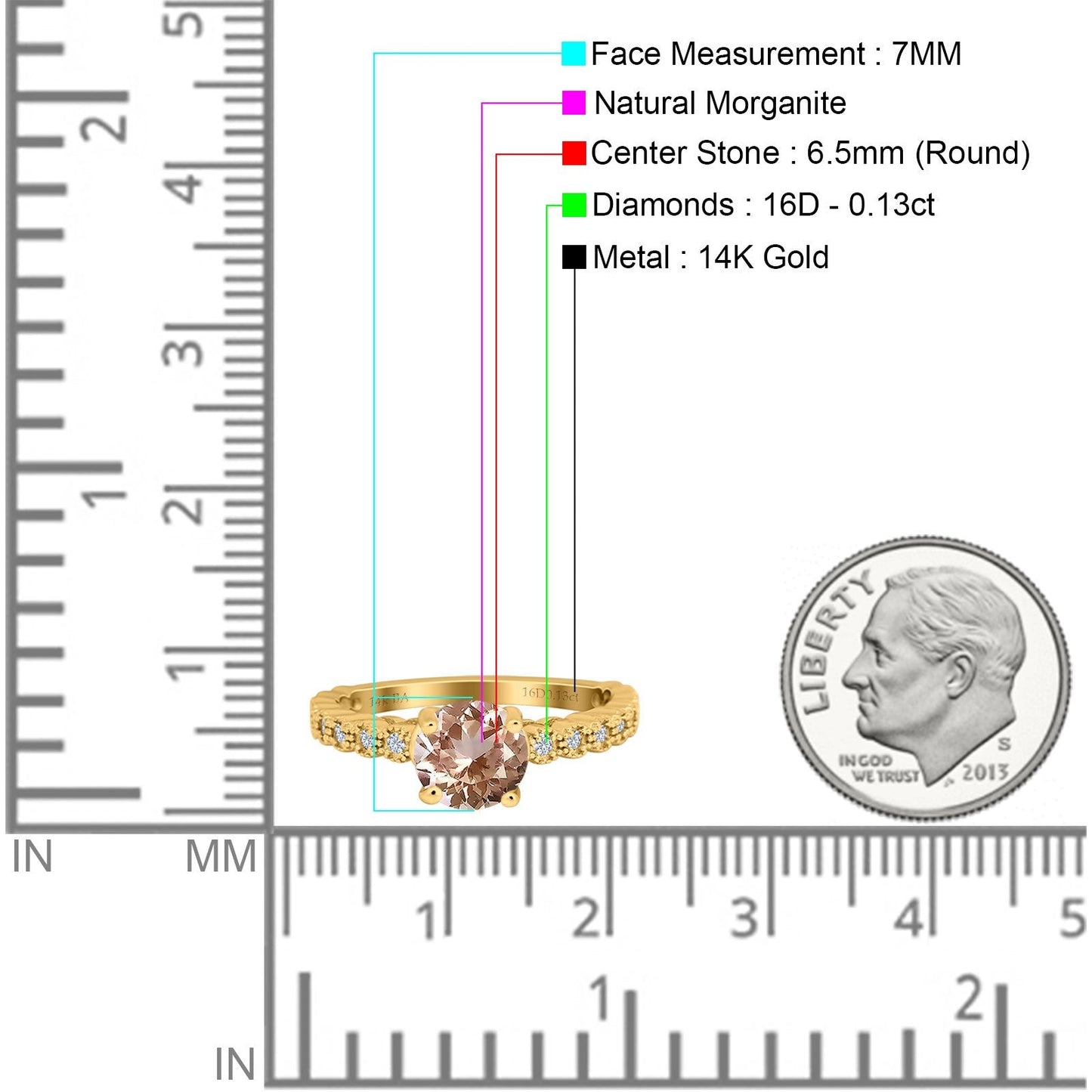 14K Yellow Gold 1.16ct Round 6.5mm G SI Natural Morganite Diamond Engagement Wedding Ring Size 6.5