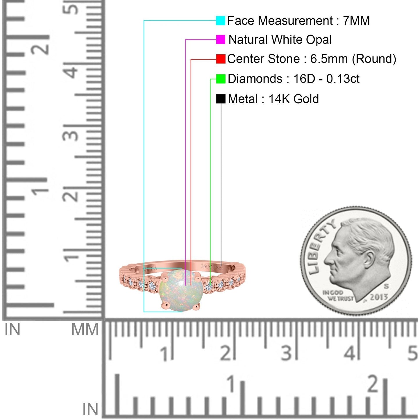 14K Rose Gold 0.13ct Round 6.5mm G SI Natural White Opal Diamond Engagement Wedding Ring Size 6.5