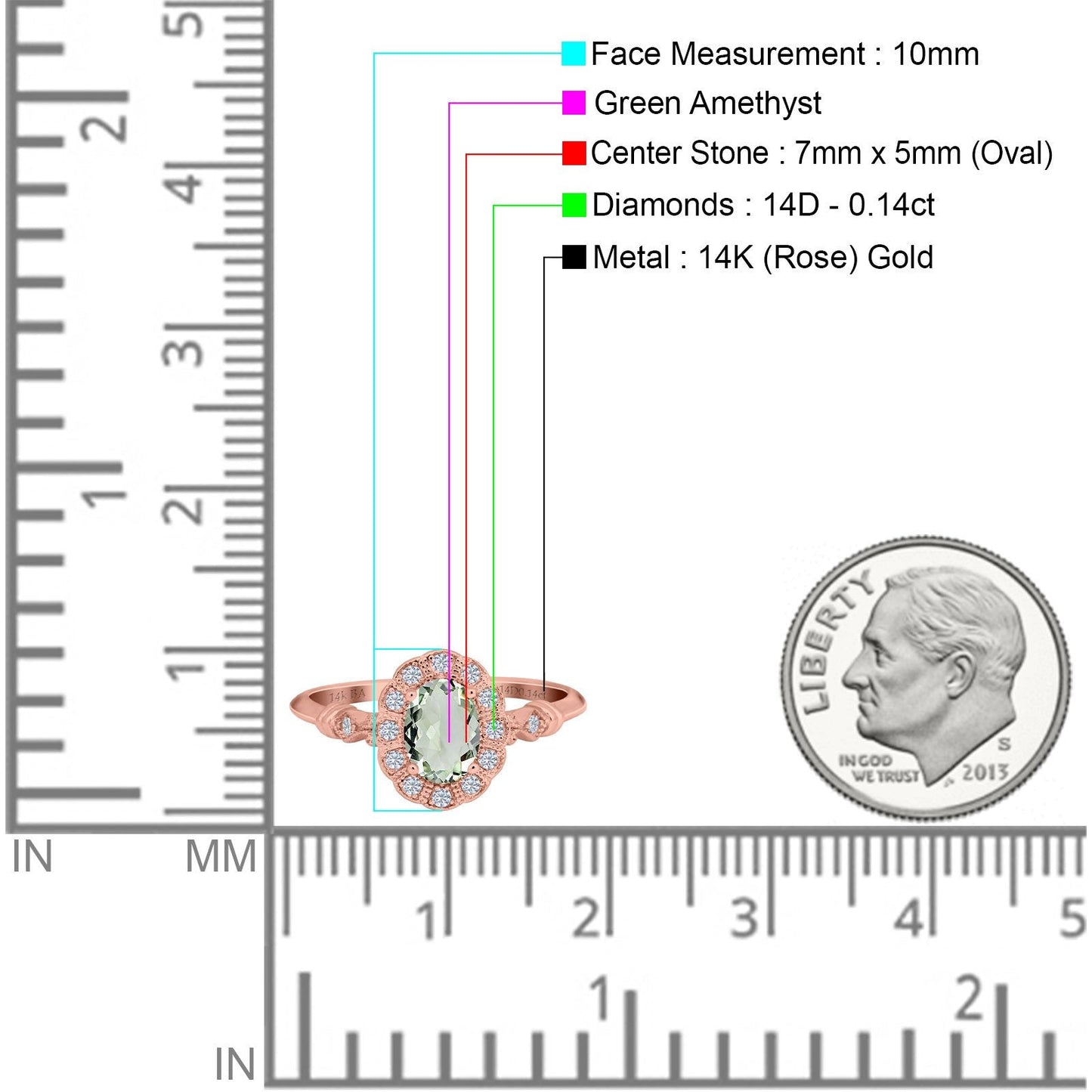 14K Rose Gold 0.9ct Oval 7mmx5mm G SI Natural Green Amethyst Diamond Engagement Wedding Ring Size 6.5