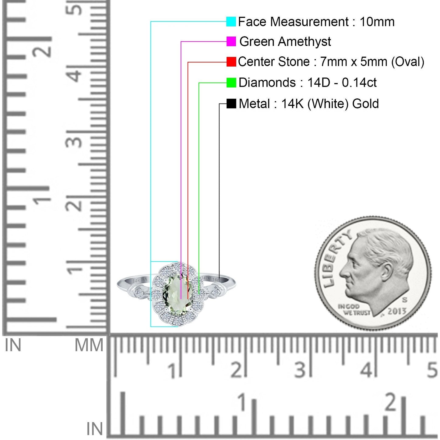 Bague de fiançailles en or blanc 14 carats 0,9 ct ovale 7 mm x 5 mm G SI avec améthyste verte naturelle et diamant, taille 6,5